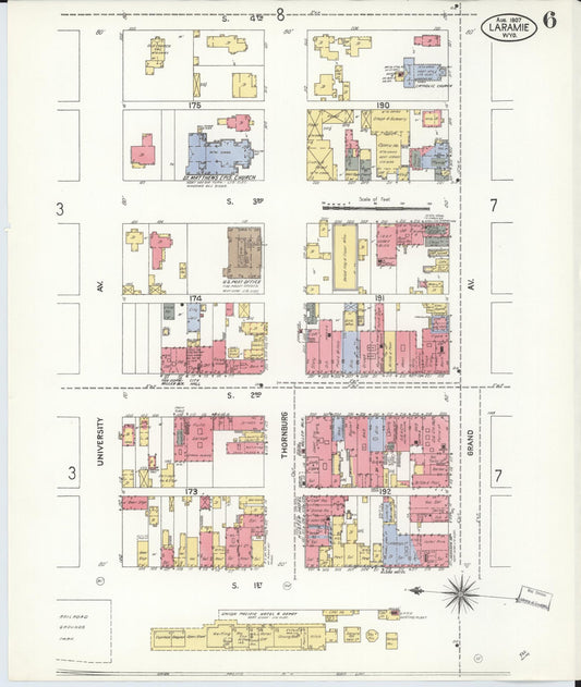 Sanborn Fire Insurance Map from Laramie, Albany County, Wyoming (1907), Sheet #0006 - Historic Sanborn Fire Insurance Map Print, vintage old map wall art, antique decor, genealogy gift, Wyoming Wyoming map