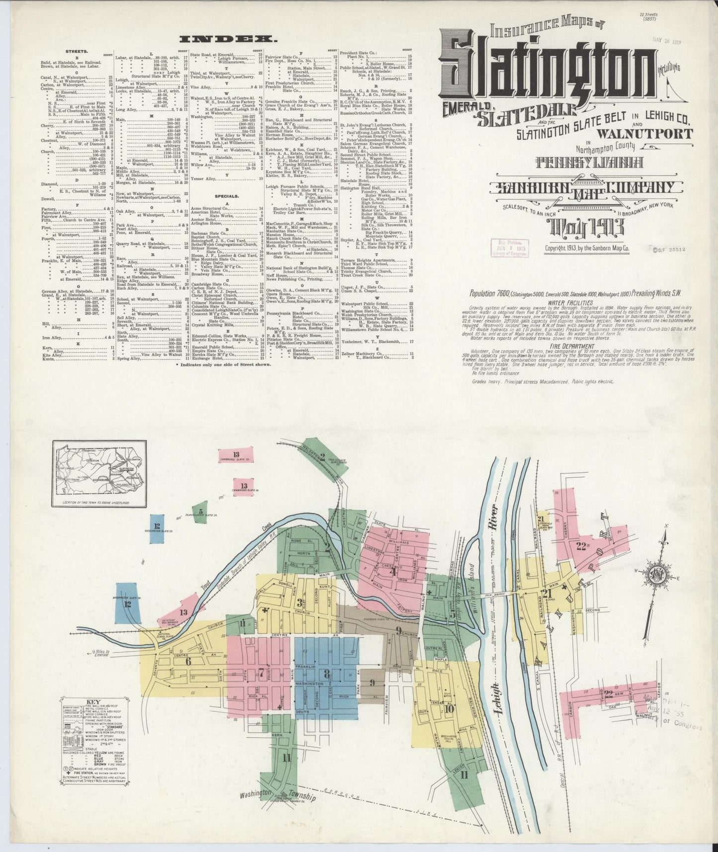 Sanborn Fire Insurance Map from Slatington, Lehigh County, Pennsylvania (1913), Sheet #0001 - Historic Sanborn Fire Insurance Map Print, vintage old map wall art, antique decor, genealogy gift, Pennsylvania Pennsylvania map