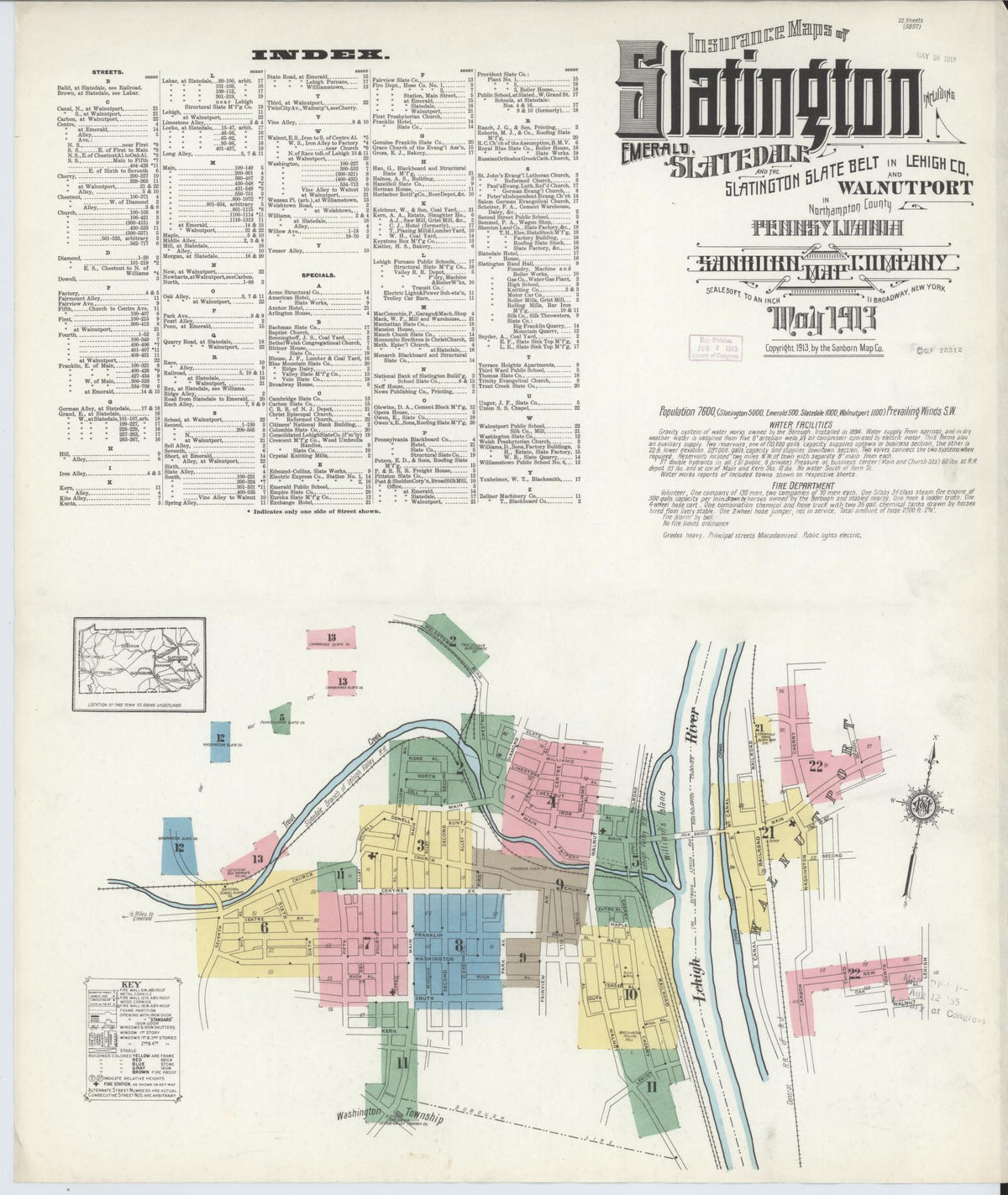 Sanborn Fire Insurance Map from Slatington, Lehigh County, Pennsylvania (1913), Sheet #0001 - Historic Sanborn Fire Insurance Map Print, vintage old map wall art, antique decor, genealogy gift, Pennsylvania Pennsylvania map