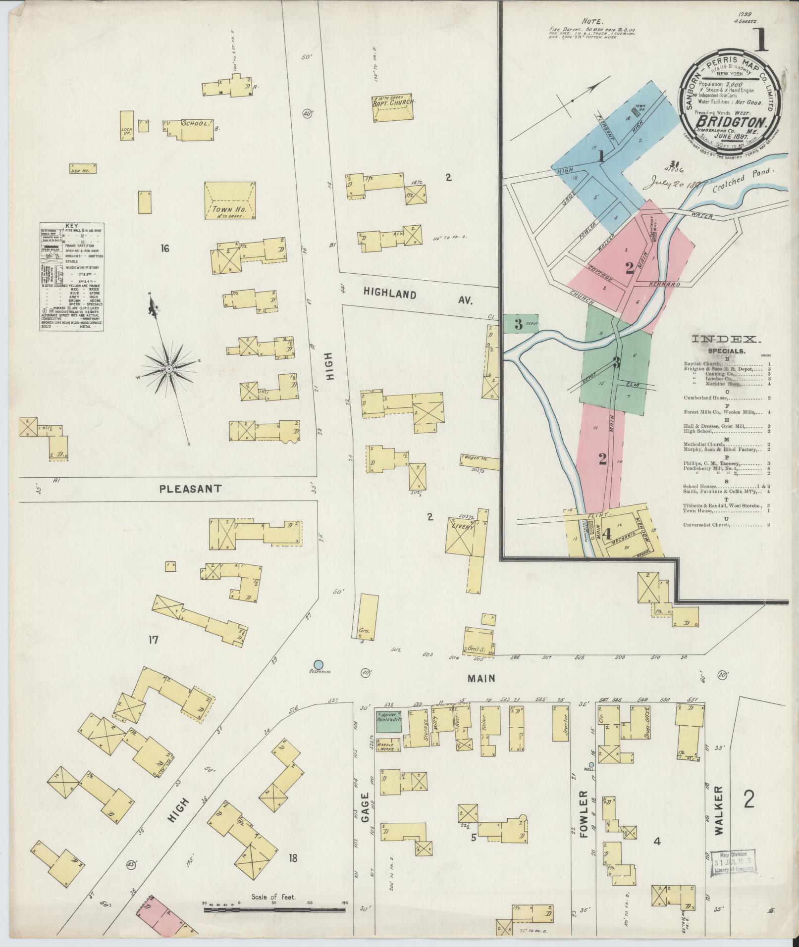 Sanborn Fire Insurance Map from Bridgton, Cumberland County, Maine (1897), Sheet #0001 - Complete Map Set gallery image, historic Sanborn map, vintage wall art, Maine Maine
