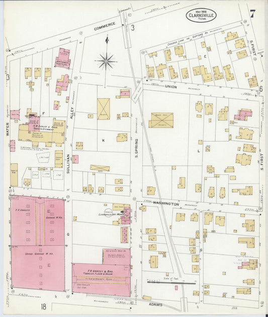 Sanborn Fire Insurance Map from Clarksville, Montgomery County, Tennessee (1908), Sheet #0007 - Historic Sanborn Fire Insurance Map Print, vintage old map wall art, antique decor, genealogy gift, Tennessee Tennessee map