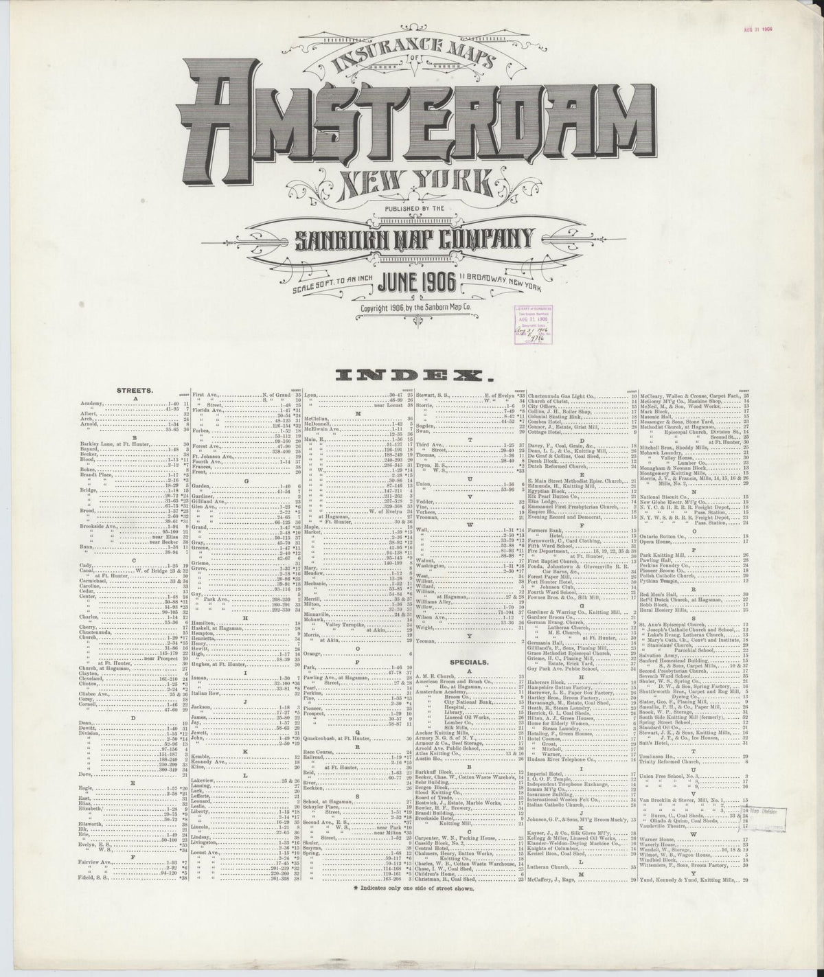 Sanborn Fire Insurance Map from Amsterdam, Montgomery County, New York (1906), Sheet #0001 - Historic Sanborn Fire Insurance Map Print, vintage old map wall art, antique decor, genealogy gift, New York New York map