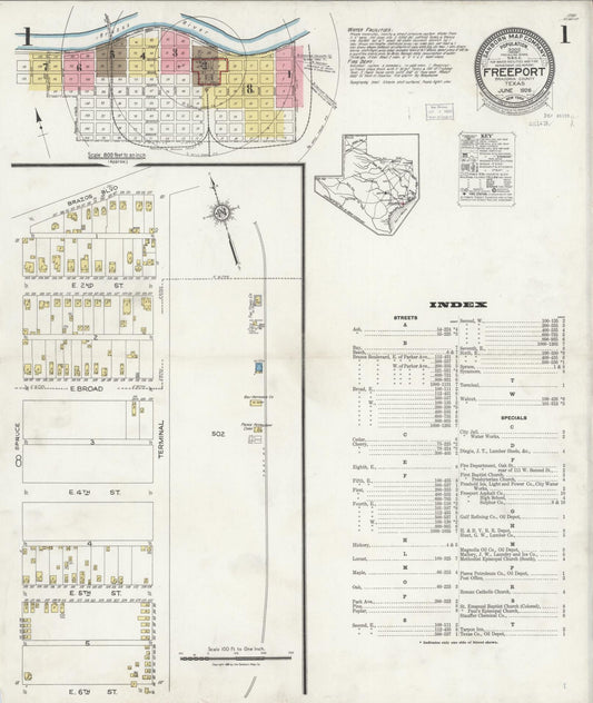 Sanborn Fire Insurance Map from Freeport, Brazoria County, Texas (1926), Sheet #0001 - Historic Sanborn Fire Insurance Map Print, vintage old map wall art, antique decor, genealogy gift, Texas Texas map