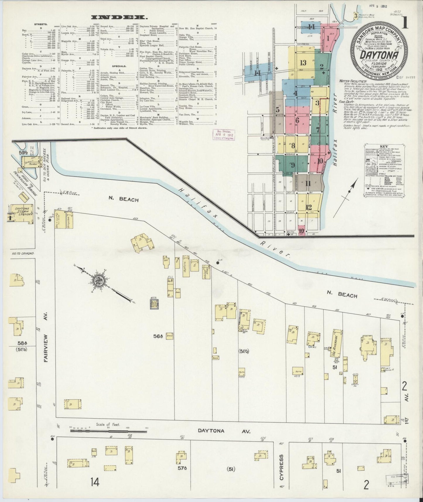 Sanborn Fire Insurance Map from Daytona, Volusia County, Florida (1912), Sheet #0001 - Complete Map Set gallery image, historic Sanborn map, vintage wall art, Florida Florida