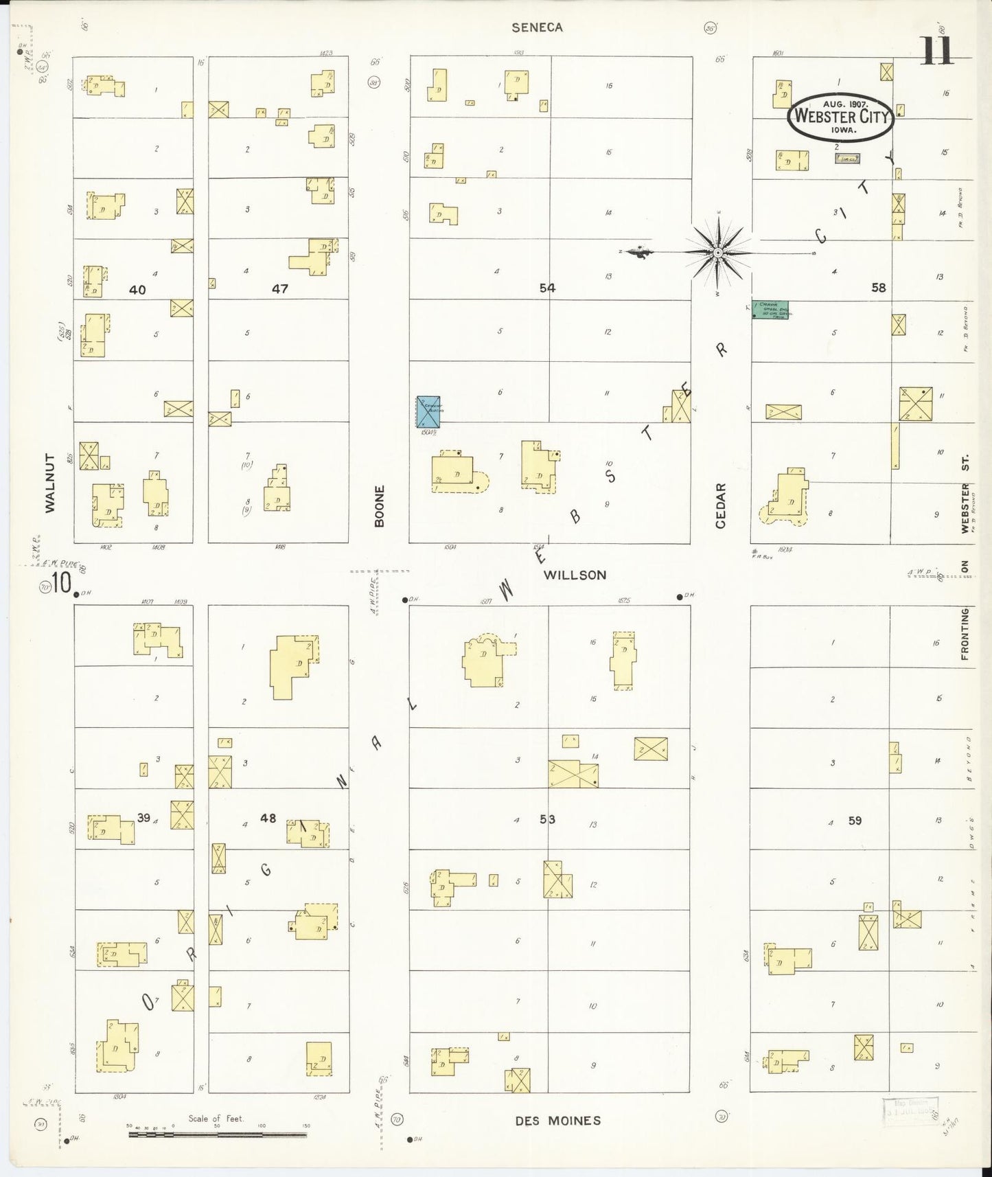 Sanborn Fire Insurance Map from Webster City, Hamilton County, Iowa (1907), Sheet #0011 - Historic Sanborn Fire Insurance Map Print, vintage old map wall art