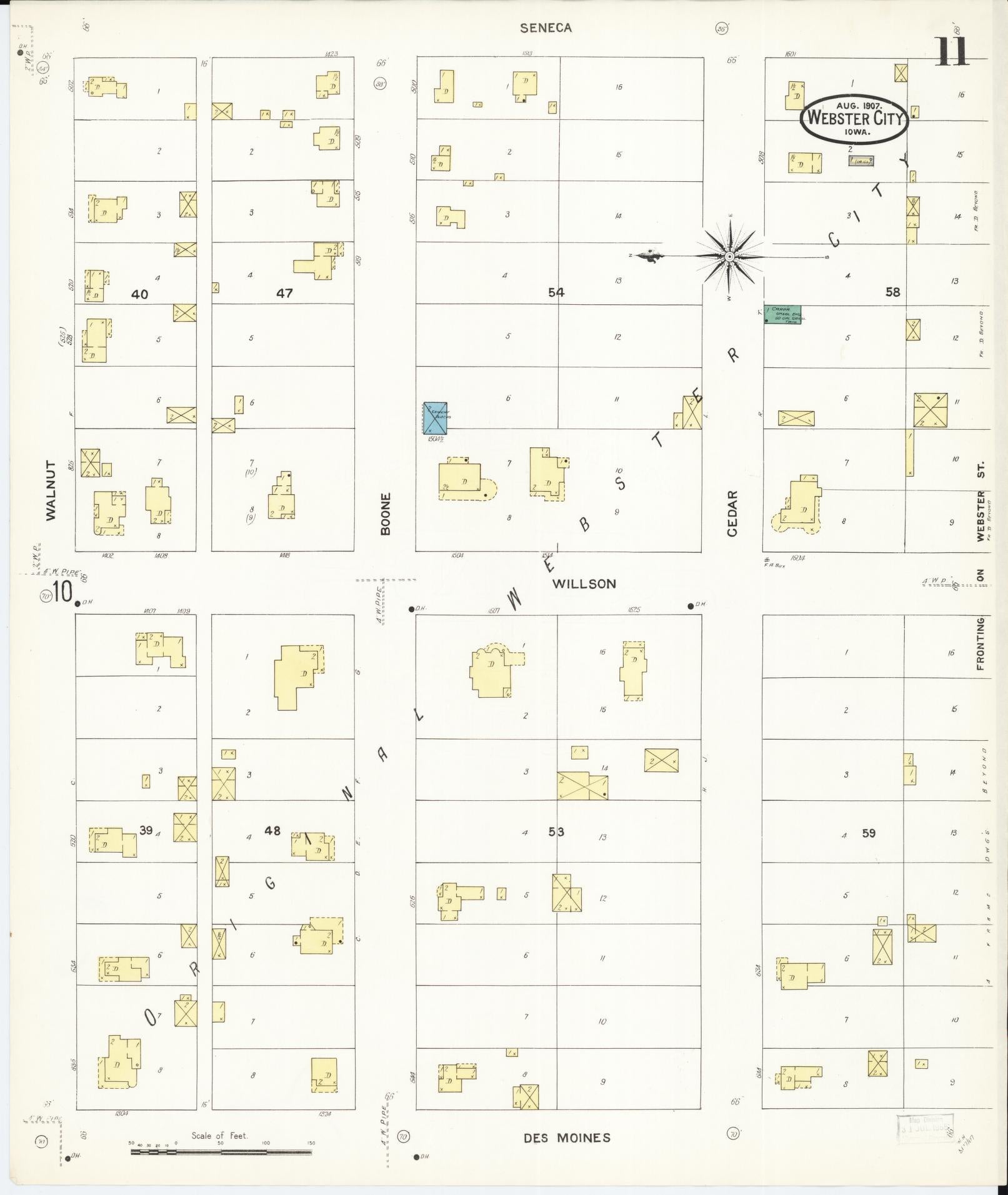 Sanborn Fire Insurance Map from Webster City, Hamilton County, Iowa (1907), Sheet #0011 - Historic Sanborn Fire Insurance Map Print, vintage old map wall art