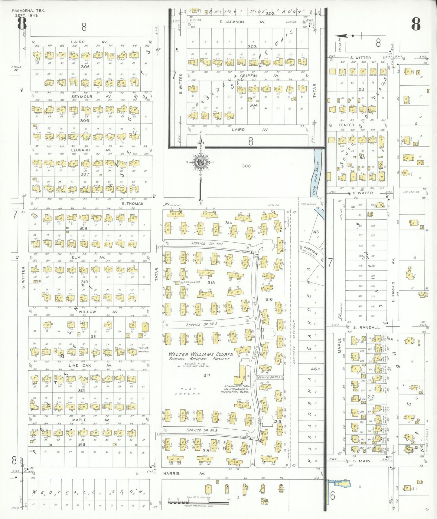Sanborn Fire Insurance Map from Pasadena, Harris County, Texas (1943), Sheet #0008 - Complete Map Set gallery image, historic Sanborn map, vintage wall art, Texas Texas