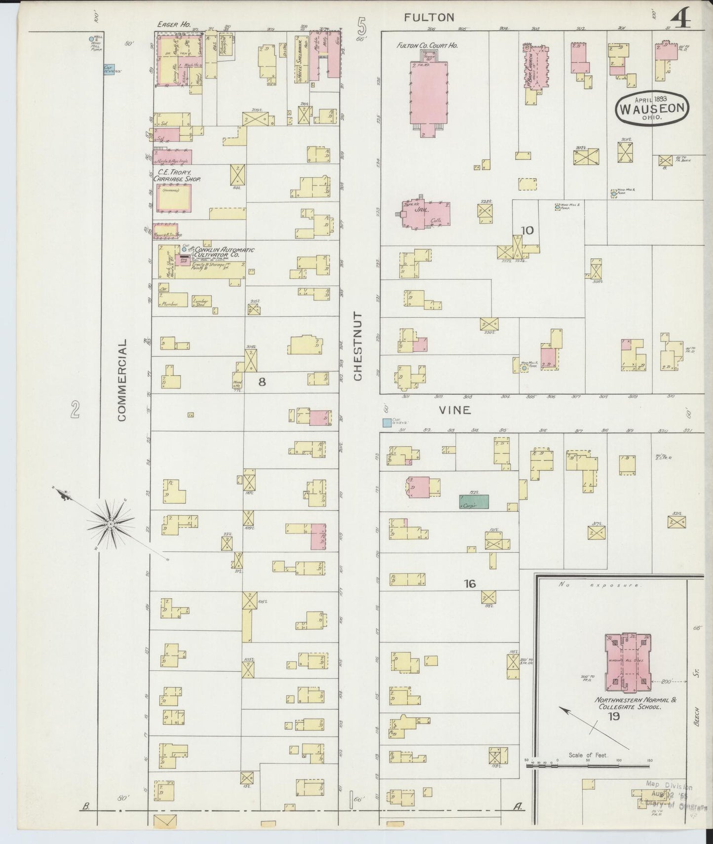 Sanborn Fire Insurance Map from Wauseon, Fulton County, Ohio (1893), Sheet #0004 - Complete Map Set gallery image, historic Sanborn map, vintage wall art, Ohio Ohio