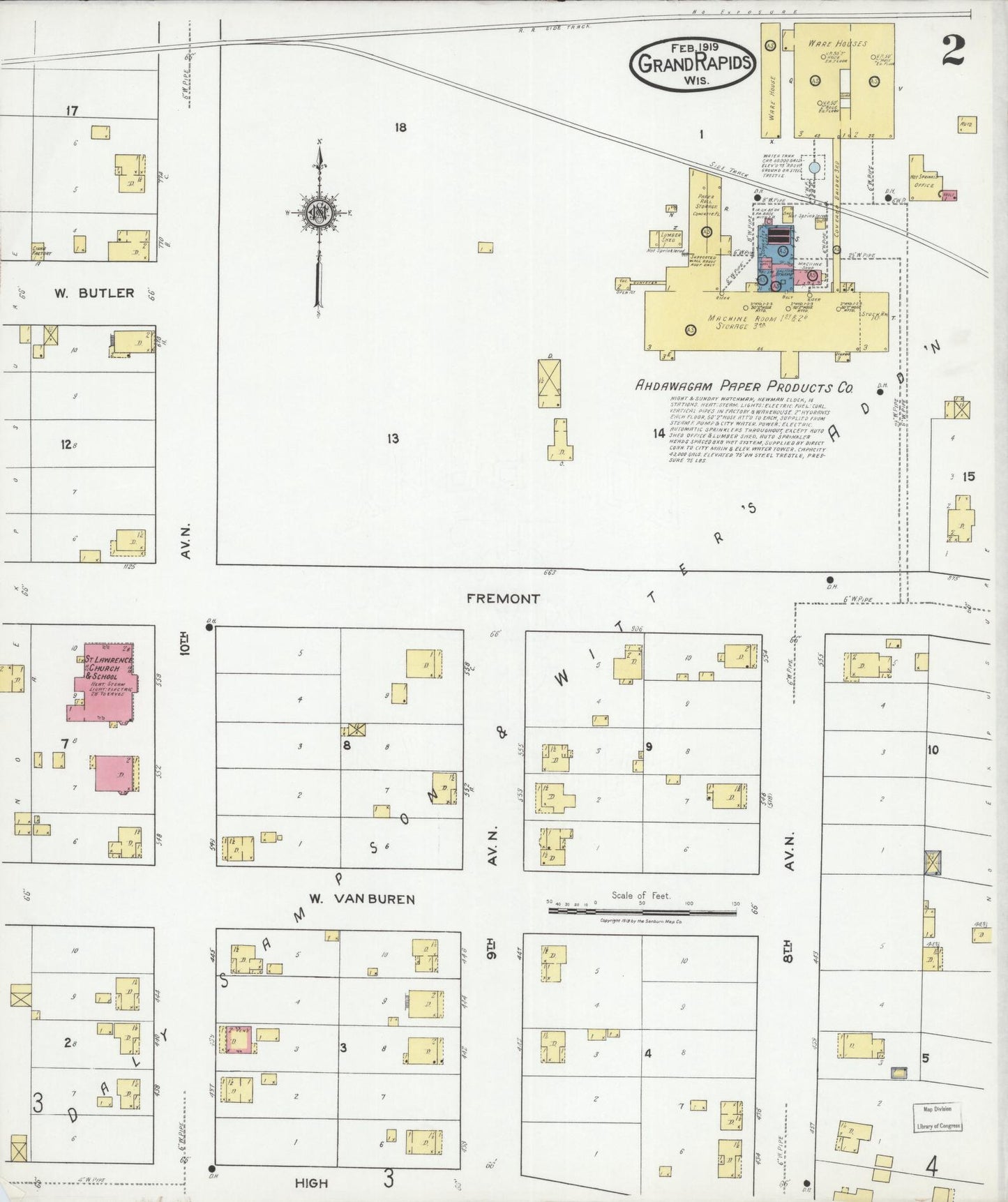 Sanborn Fire Insurance Map from Grand Rapids, Wood County, Wisconsin (1919), Sheet #0002 - Historic Sanborn Fire Insurance Map Print, vintage old map wall art, antique decor, genealogy gift, Wisconsin Wisconsin map