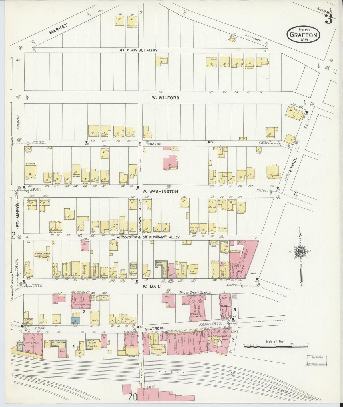 Sanborn Fire Insurance Map from Grafton, Taylor County, West Virginia (1911), Sheet #0003 - Historic Sanborn Fire Insurance Map Print, vintage old map wall art, antique decor, genealogy gift, West Virginia West Virginia map