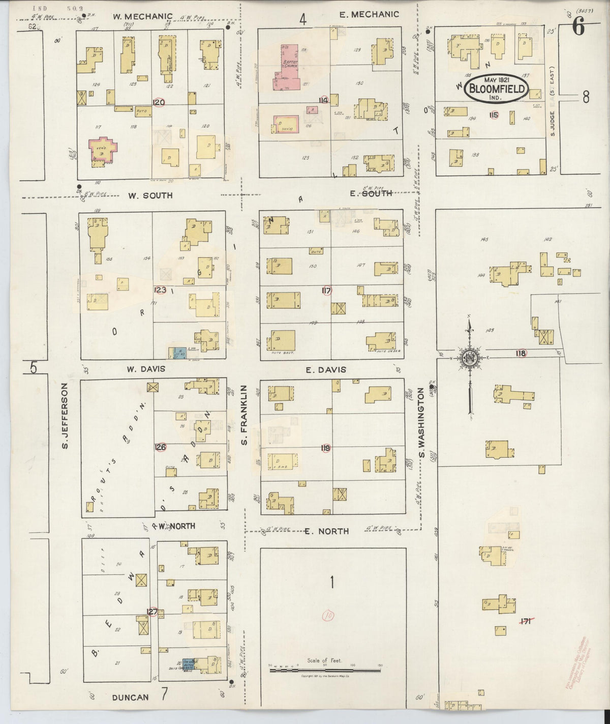 Sanborn Fire Insurance Map from Bloomfield, Greene County, Indiana (1940), Sheet #0006 - Historic Sanborn Fire Insurance Map Print, vintage old map wall art, antique decor, genealogy gift, Indiana Indiana map