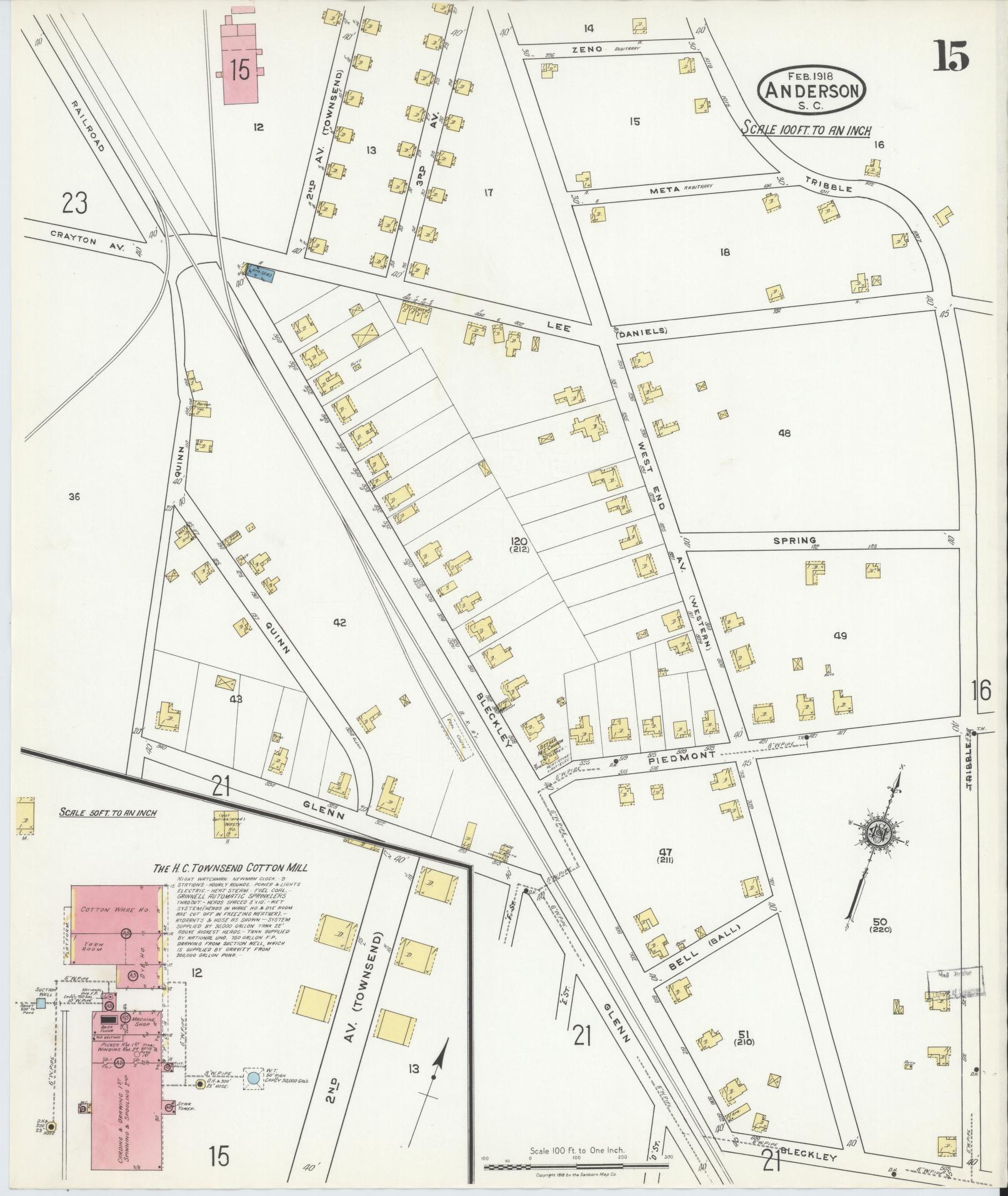 Sanborn Fire Insurance Map from Anderson, Anderson County, South Carolina (1918), Sheet #0015 - Historic Sanborn Fire Insurance Map Print, vintage old map wall art, antique decor, genealogy gift, South Carolina South Carolina map