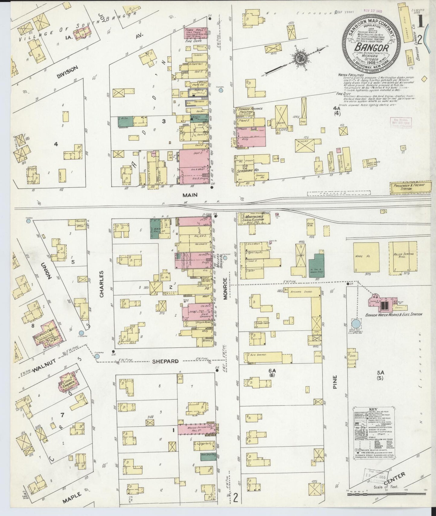 Sanborn Fire Insurance Map from Bangor, Van Buren County, Michigan (1909), Sheet #0001 - Historic Sanborn Fire Insurance Map Print, vintage old map wall art, antique decor, genealogy gift, Michigan Michigan map