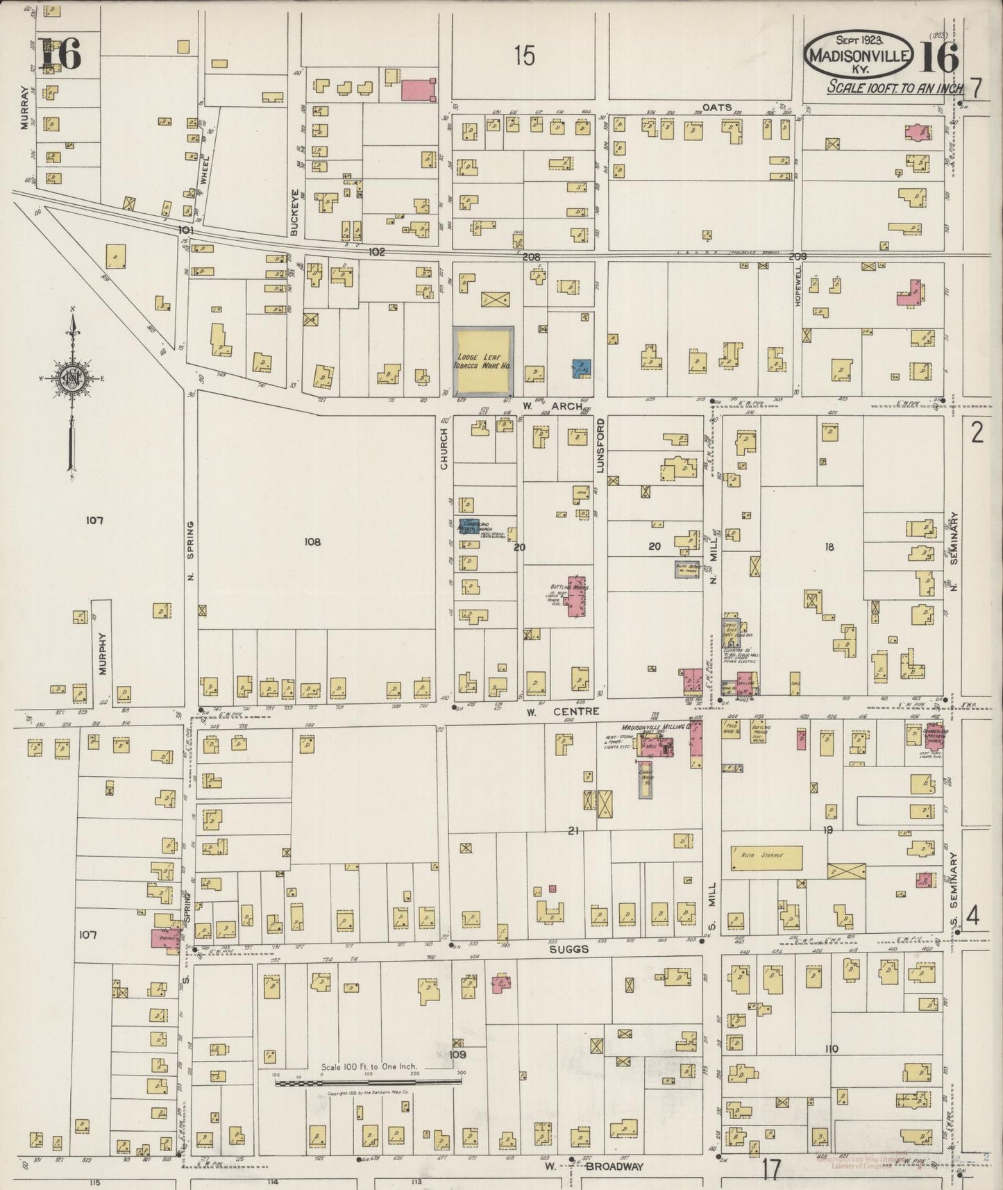 Sanborn Fire Insurance Map from Madisonville, Hopkins County, Kentucky (1923), Sheet #0016 - Historic Sanborn Fire Insurance Map Print, vintage old map wall art, antique decor, genealogy gift, Kentucky Kentucky map