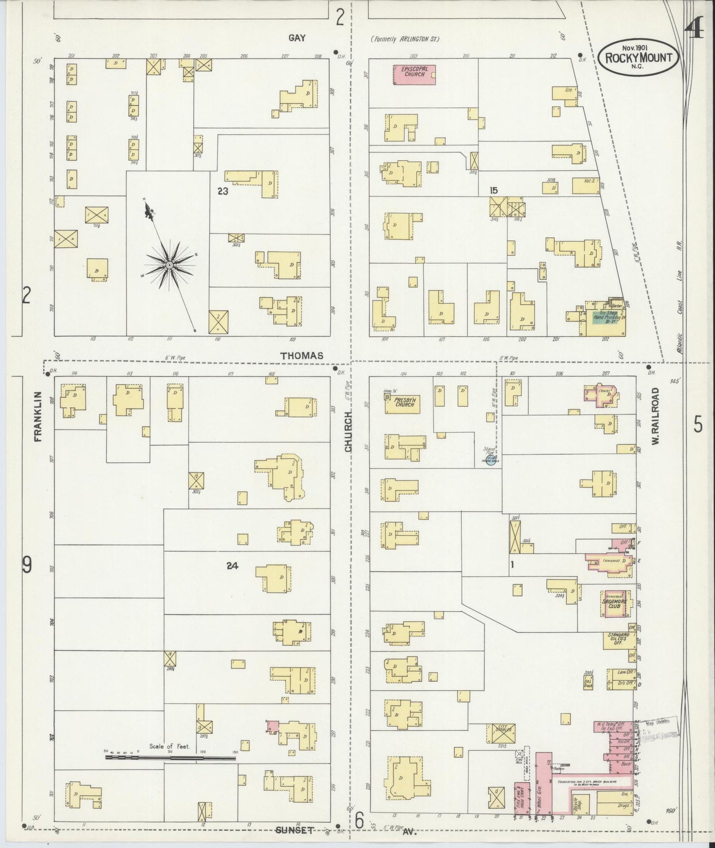 Sanborn Fire Insurance Map from Rocky Mount, Edgecombe And Nash Counties, North Carolina (1901), Sheet #0004 - Complete Map Set gallery image, historic Sanborn map, vintage wall art, North Carolina North Carolina