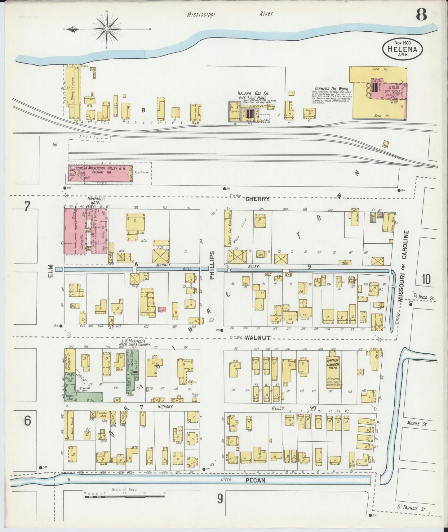 Sanborn Fire Insurance Map from Helena, Phillips County, Arkansas (1900), Sheet #0008 - Historic Sanborn Fire Insurance Map Print, vintage old map wall art, antique decor, genealogy gift, Arkansas Arkansas map