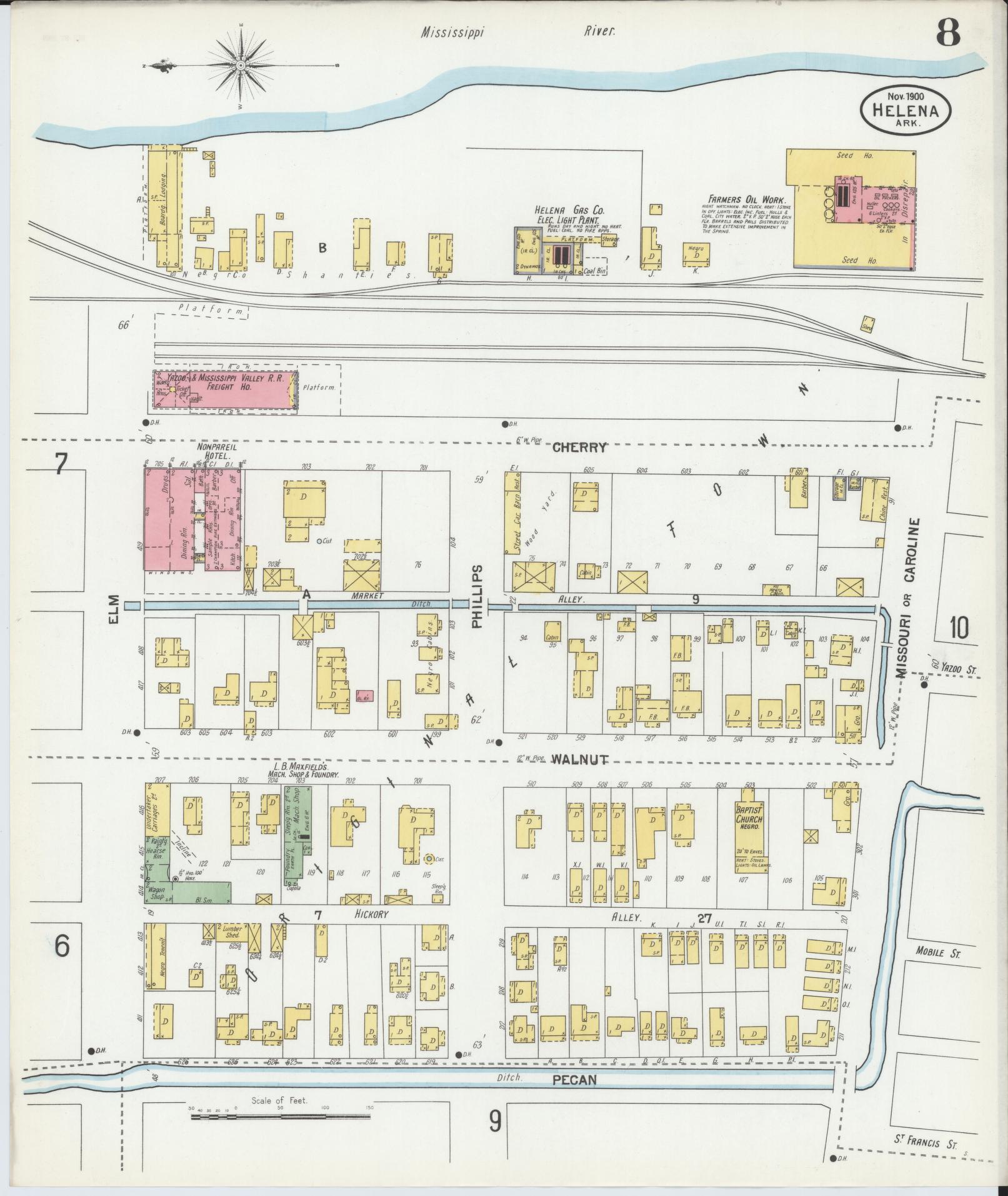 Sanborn Fire Insurance Map from Helena, Phillips County, Arkansas (1900), Sheet #0008 - Historic Sanborn Fire Insurance Map Print, vintage old map wall art, antique decor, genealogy gift, Arkansas Arkansas map