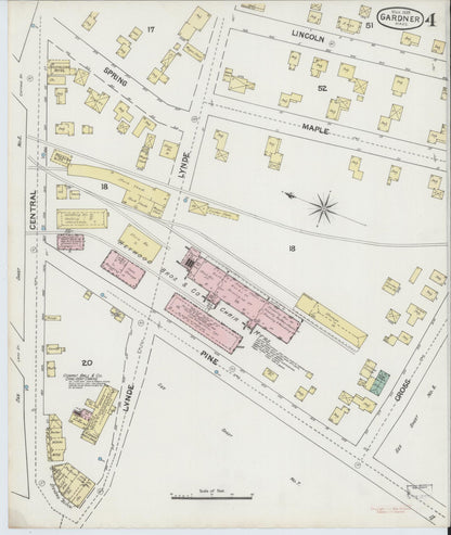 Sanborn Fire Insurance Map from Gardner, Worcester County, Massachusetts (1889), Sheet #0004 - Historic Sanborn Fire Insurance Map Print, vintage old map wall art, antique decor, genealogy gift, Massachusetts Massachusetts map
