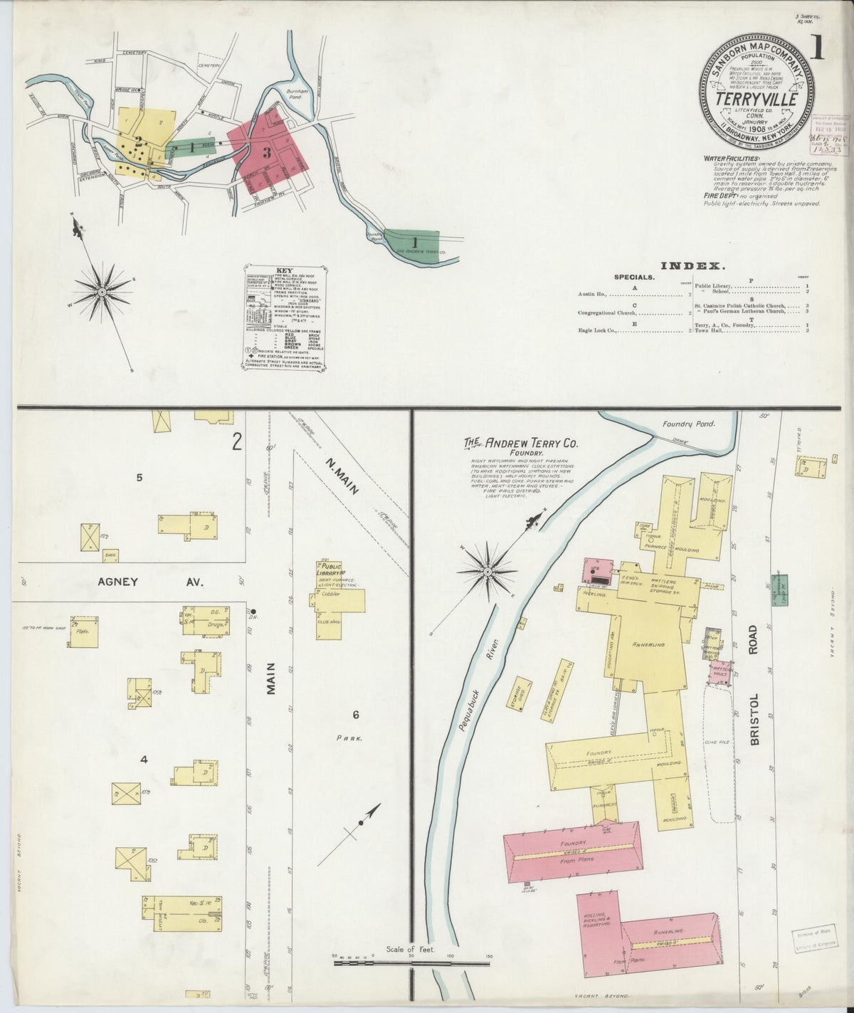 Sanborn Fire Insurance Map from Terryville, Litchfield County, Connecticut (1908), Sheet #0001 - Historic Sanborn Fire Insurance Map Print, vintage old map wall art, antique decor, genealogy gift, Connecticut Connecticut map