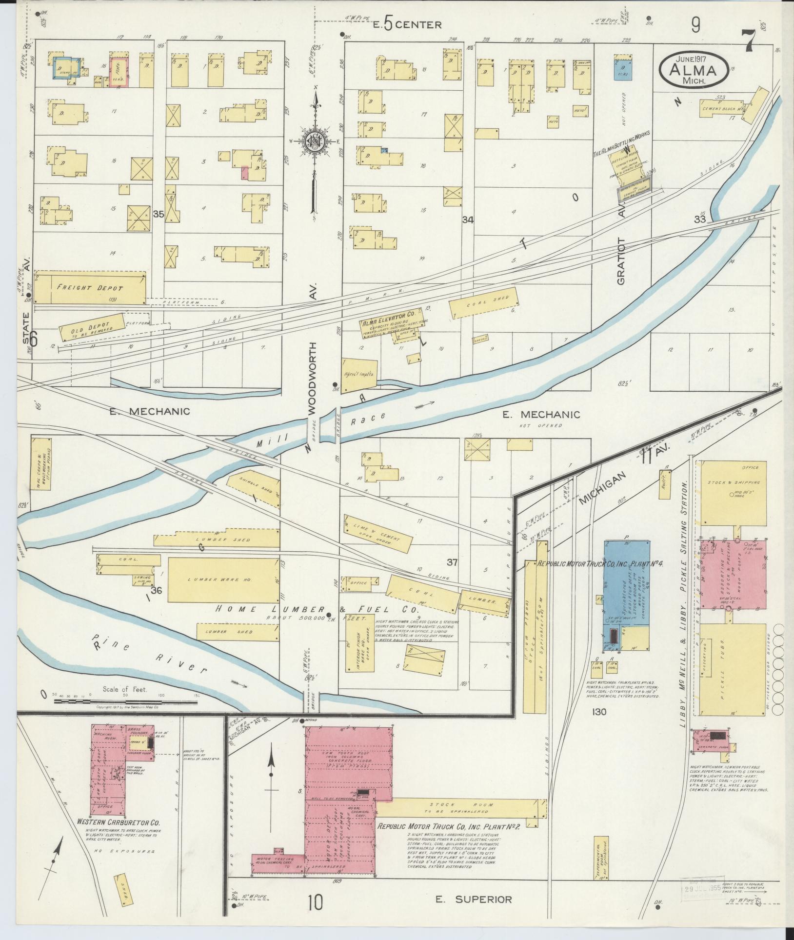Sanborn Fire Insurance Map from Alma, Gratiot County, Michigan (1917), Sheet #0007 - Complete Map Set gallery image, historic Sanborn map, vintage wall art, Michigan Michigan