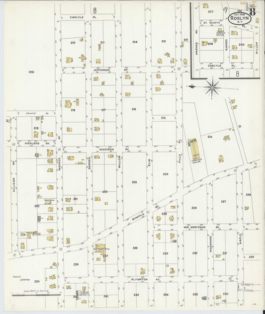 Sanborn Fire Insurance Map from Roslyn, Nassau County, New York (1908), Sheet #0008 - Historic Sanborn Fire Insurance Map Print, vintage old map wall art, antique decor, genealogy gift, New York New York map