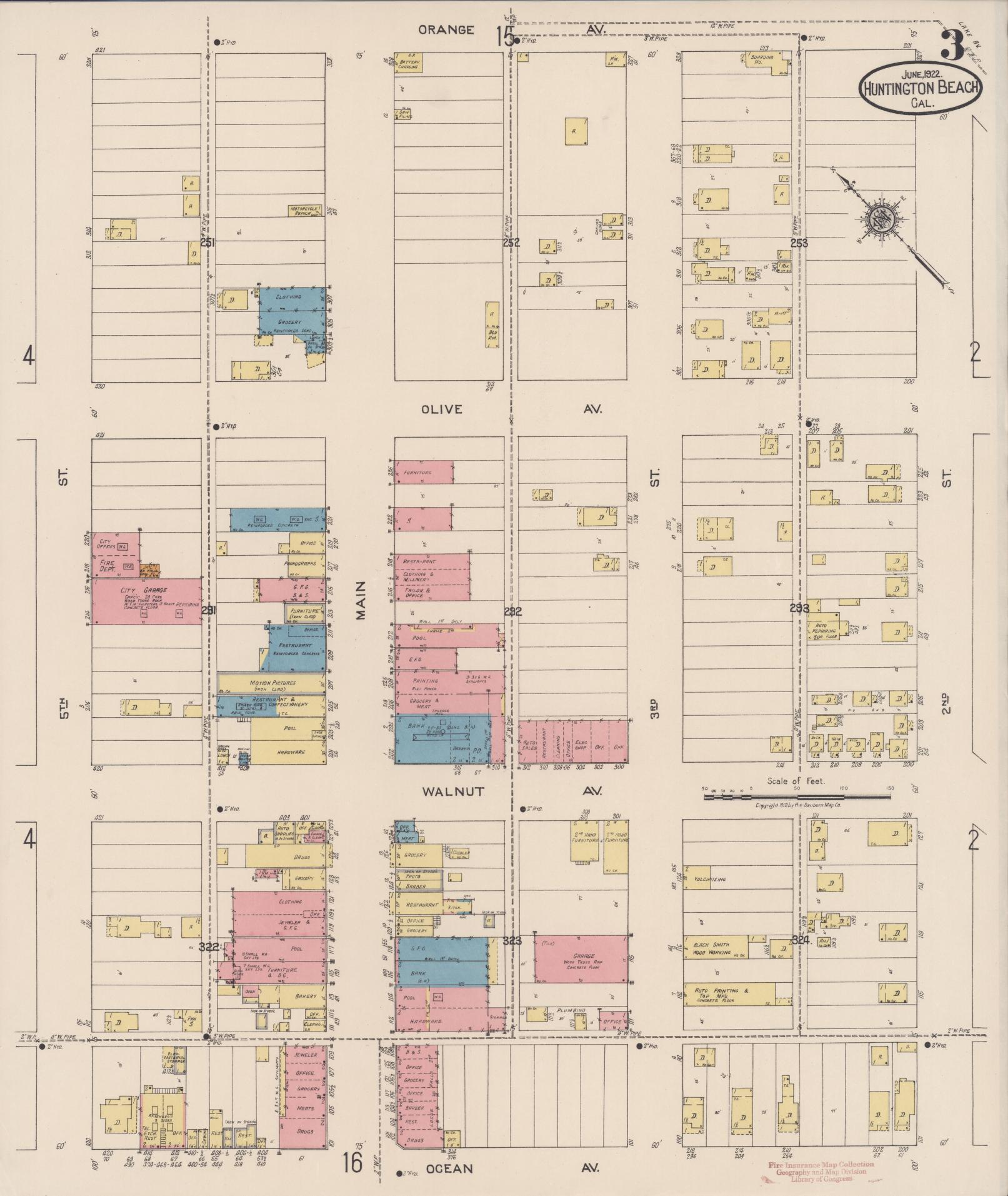 Sanborn Fire Insurance Map from Huntington Beach, Orange County, California (1922), Sheet #0003 - Historic Sanborn Fire Insurance Map Print, vintage old map wall art, antique decor, genealogy gift, California California map
