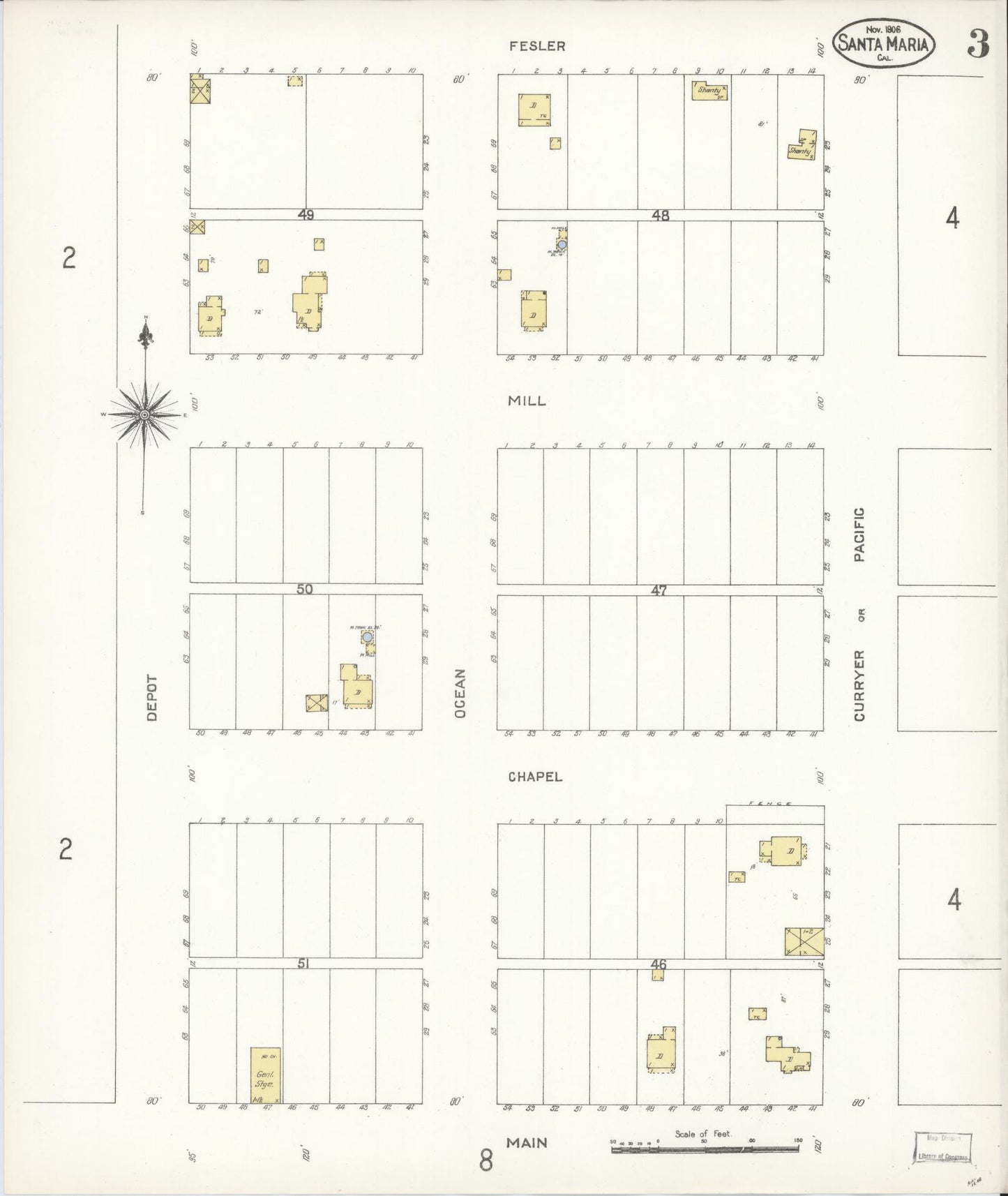 Sanborn Fire Insurance Map from Santa Maria, Santa Barbara County, California (1906), Sheet #0003 - Complete Map Set gallery image, historic Sanborn map, vintage wall art, California California