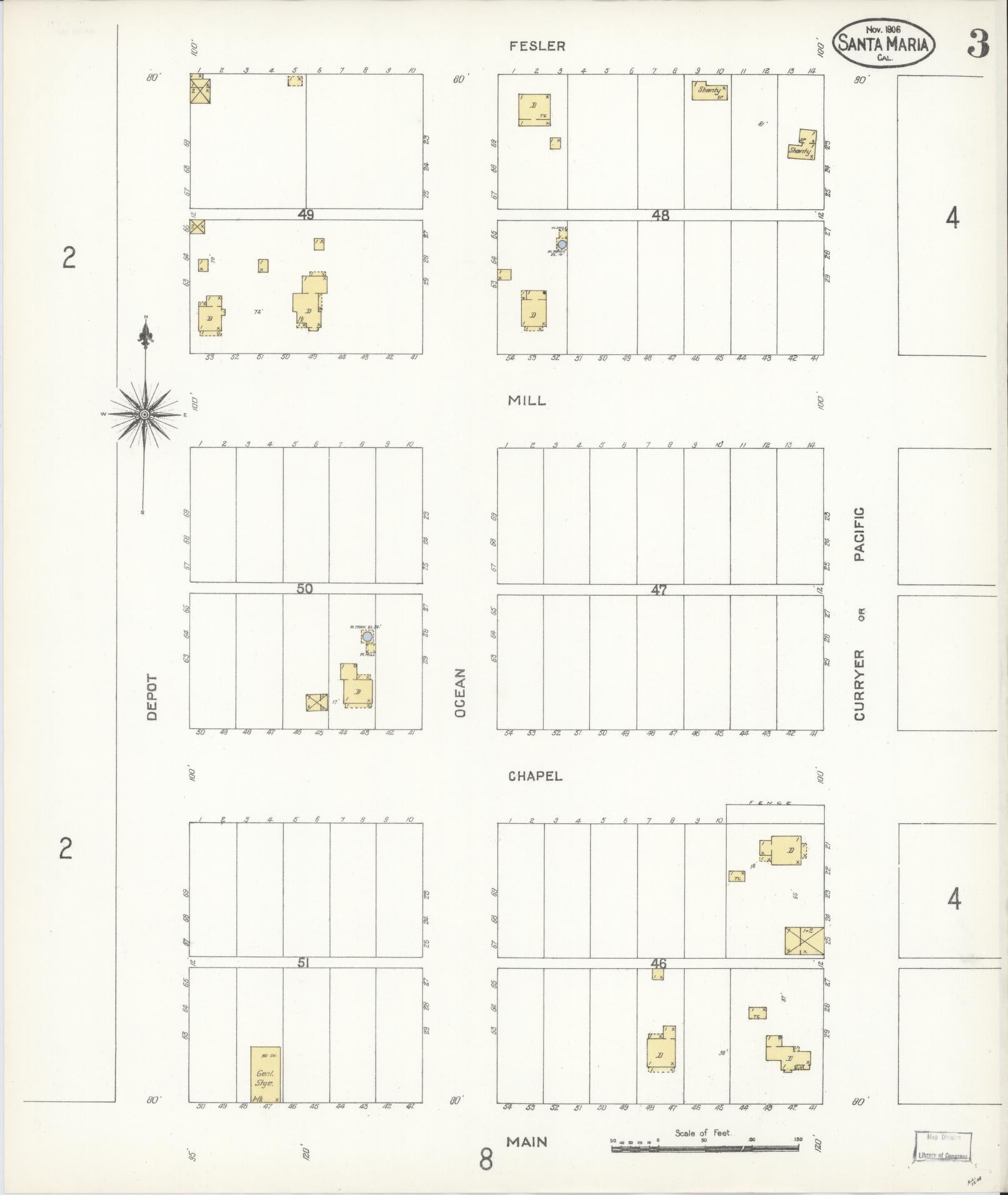 Sanborn Fire Insurance Map from Santa Maria, Santa Barbara County, California (1906), Sheet #0003 - Complete Map Set gallery image, historic Sanborn map, vintage wall art, California California