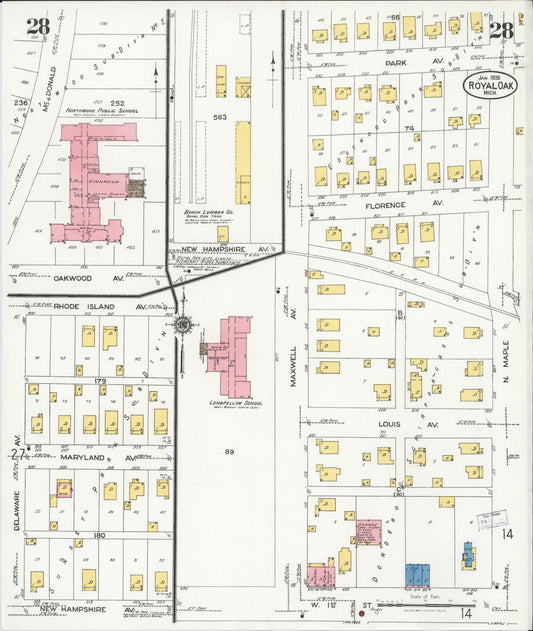 Sanborn Fire Insurance Map from Royal Oak, Oakland County, Michigan (1926), Sheet #0028 - Historic Sanborn Fire Insurance Map Print, vintage old map wall art, antique decor, genealogy gift, Michigan Michigan map