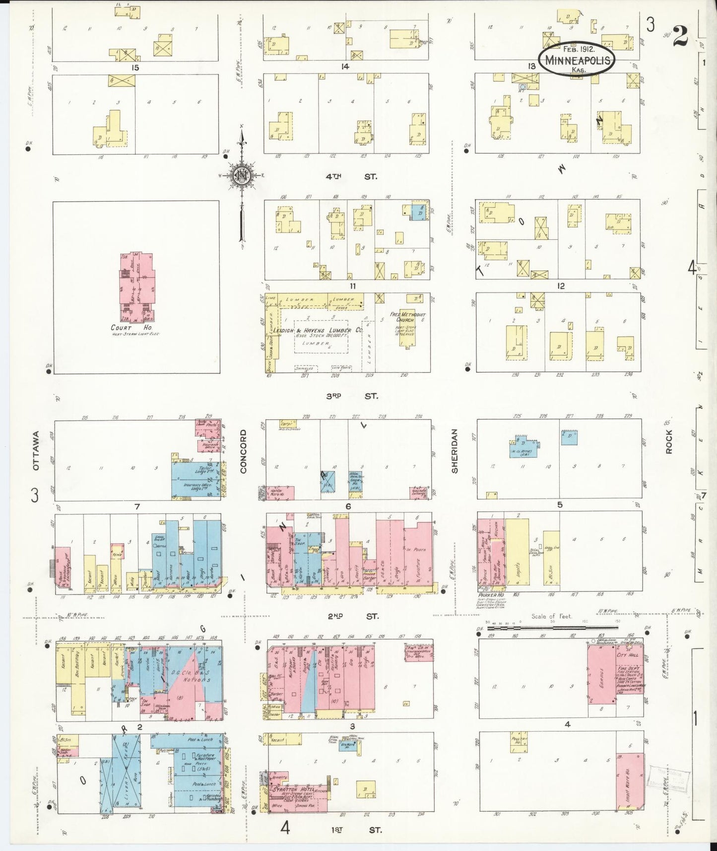 Sanborn Fire Insurance Map from Minneapolis, Ottawa  County, Kansas (1912), Sheet #0002 - Complete Map Set gallery image, historic Sanborn map, vintage wall art, Kansas Kansas