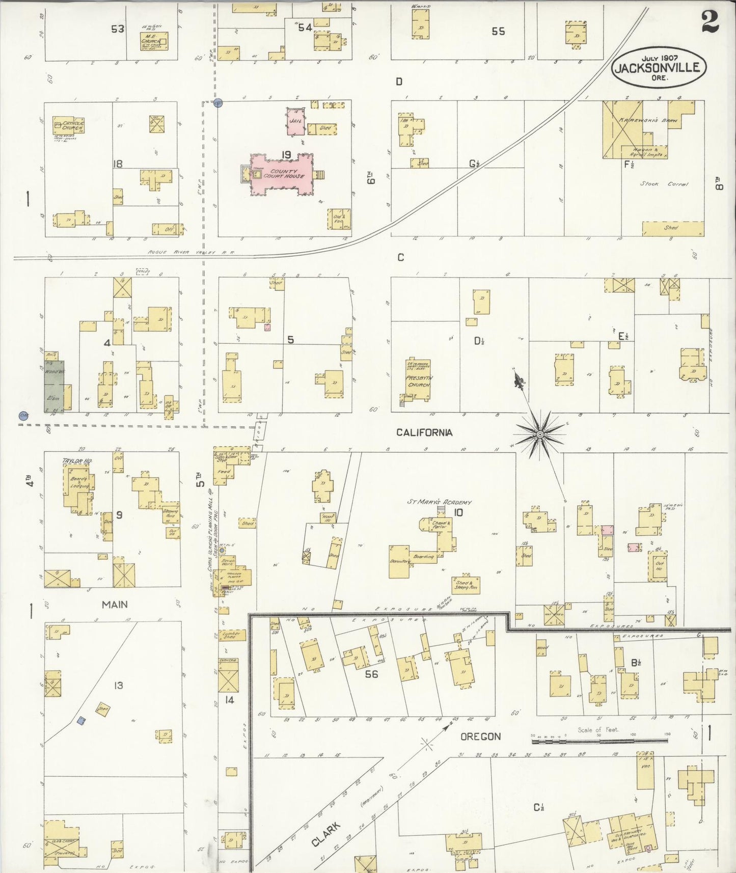 Sanborn Fire Insurance Map from Jacksonville, Jackson County, Oregon (1907), Sheet #0002 - Complete Map Set gallery image, historic Sanborn map, vintage wall art, Oregon Oregon