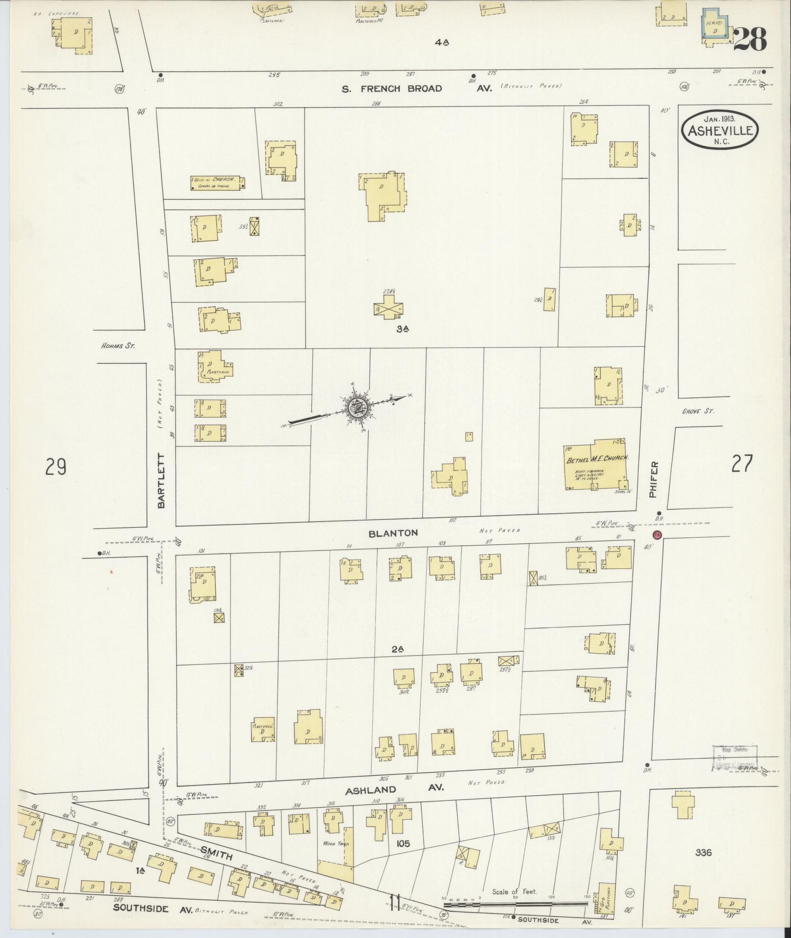 Sanborn Fire Insurance Map from Asheville, Buncombe County, North Carolina (1913), Sheet #0028 - Historic Sanborn Fire Insurance Map Print, vintage old map wall art, antique decor, genealogy gift, North Carolina North Carolina map