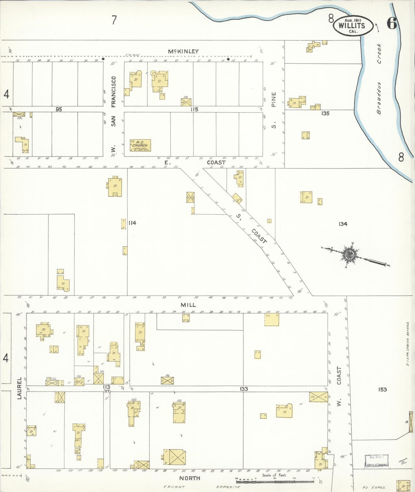 Sanborn Fire Insurance Map from Willits, Mendocino County, California (1911), Sheet #0006 - Complete Map Set gallery image, historic Sanborn map, vintage wall art, California California