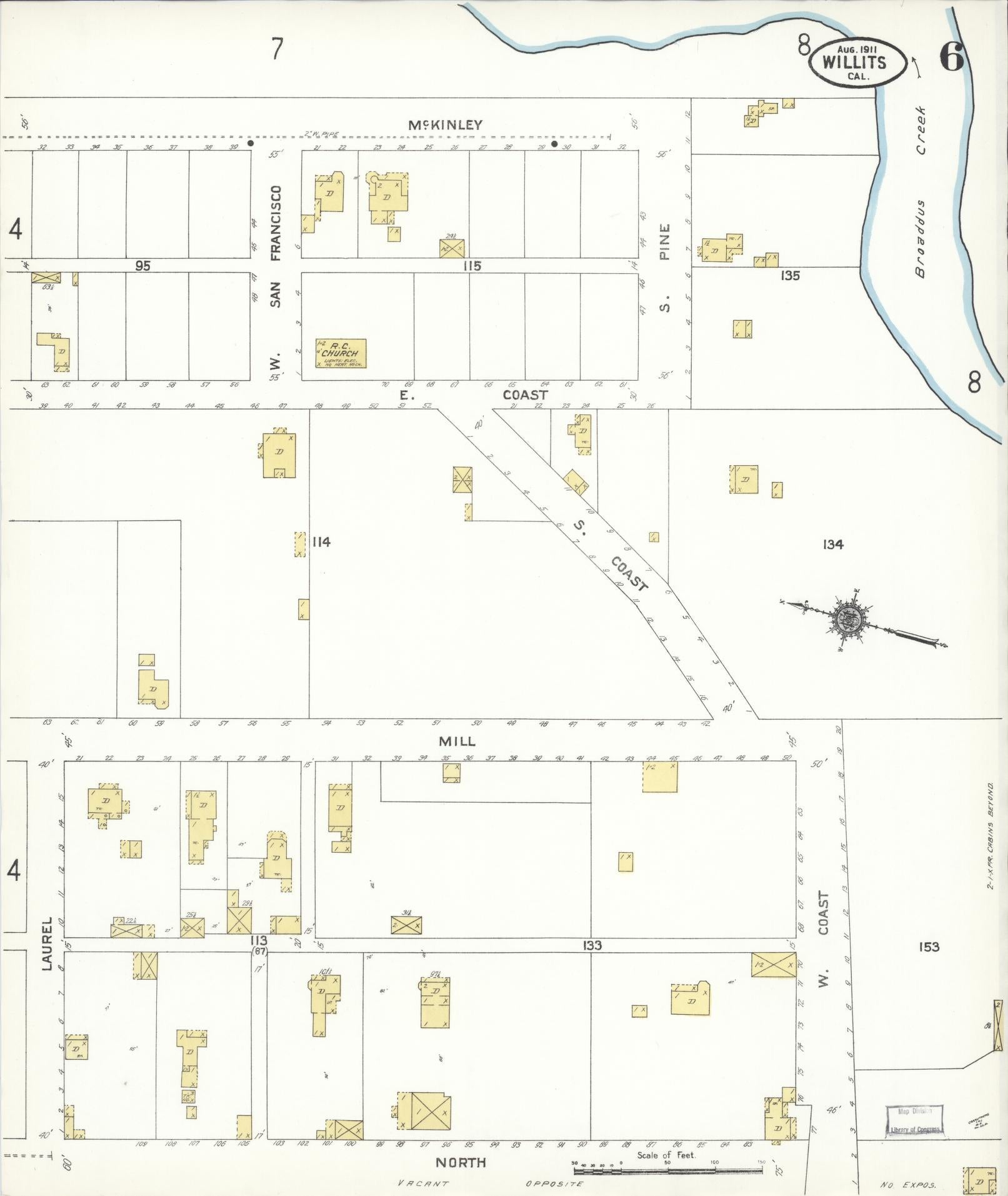 Sanborn Fire Insurance Map from Willits, Mendocino County, California (1911), Sheet #0006 - Complete Map Set gallery image, historic Sanborn map, vintage wall art, California California