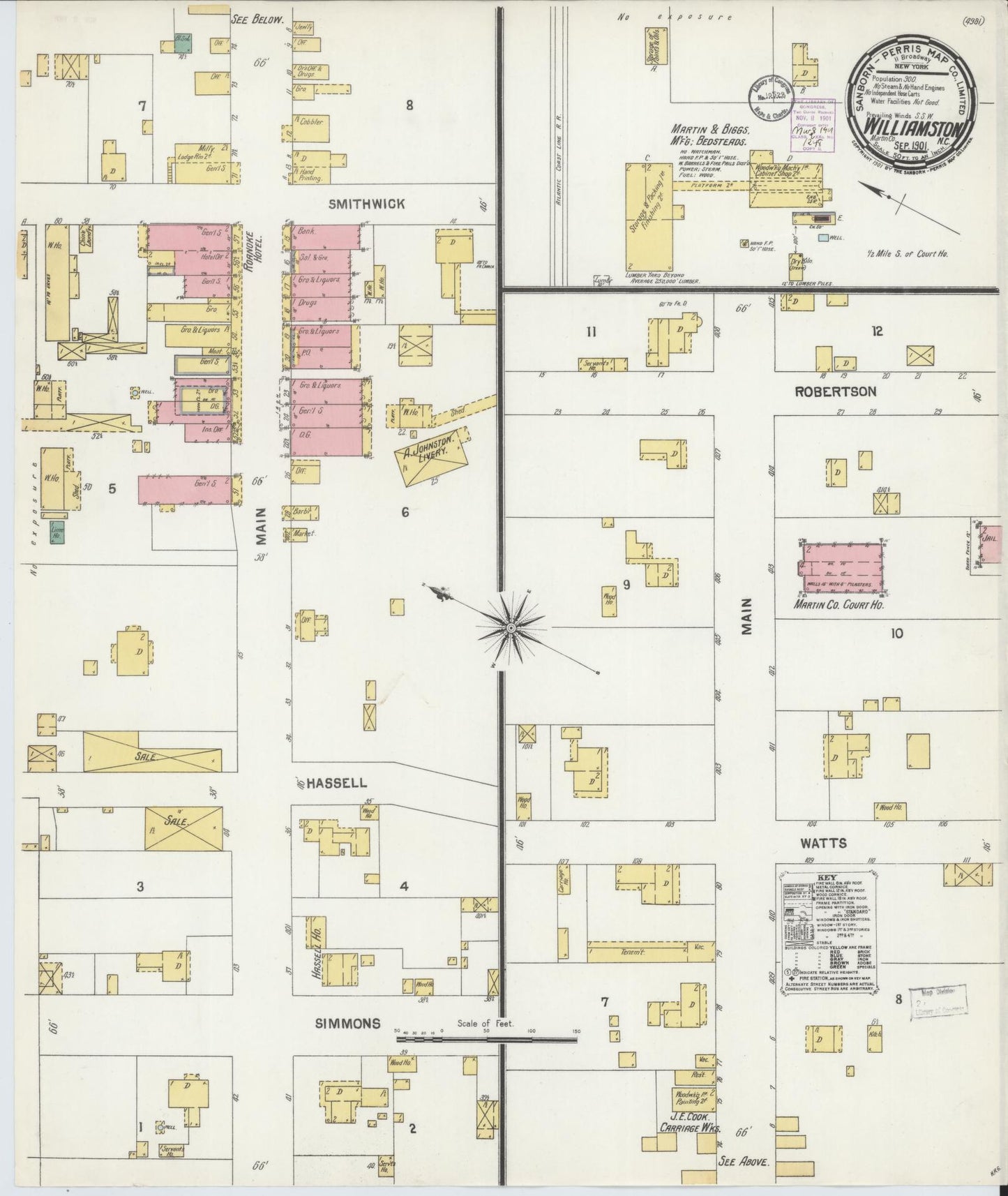 Sanborn Fire Insurance Map from Williamston, Martin County, North Carolina (1901), Sheet #0001 - Historic Sanborn Fire Insurance Map Print, vintage old map wall art, antique decor, genealogy gift, North Carolina North Carolina map