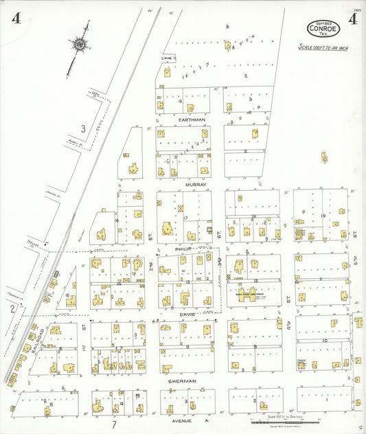 Sanborn Fire Insurance Map from Conroe, Montgomery County, Texas (1923), Sheet #0004 - Historic Sanborn Fire Insurance Map Print, vintage old map wall art, antique decor, genealogy gift, Texas Texas map