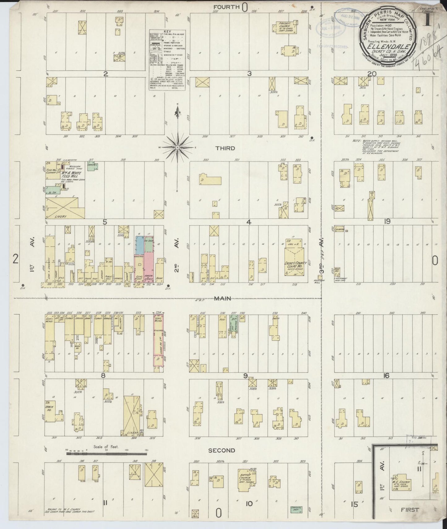 Sanborn Fire Insurance Map from Ellendale, Dickey County, North Dakota (1898), Sheet #0001 - Historic Sanborn Fire Insurance Map Print, vintage old map wall art, antique decor, genealogy gift, North Dakota North Dakota map