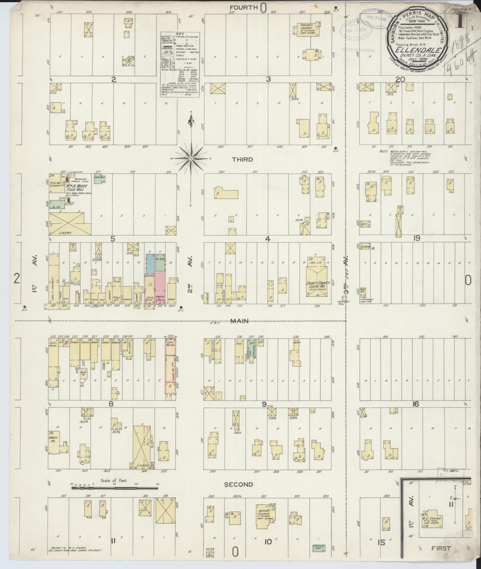 Sanborn Fire Insurance Map from Ellendale, Dickey County, North Dakota (1898), Sheet #0001 - Historic Sanborn Fire Insurance Map Print, vintage old map wall art, antique decor, genealogy gift, North Dakota North Dakota map