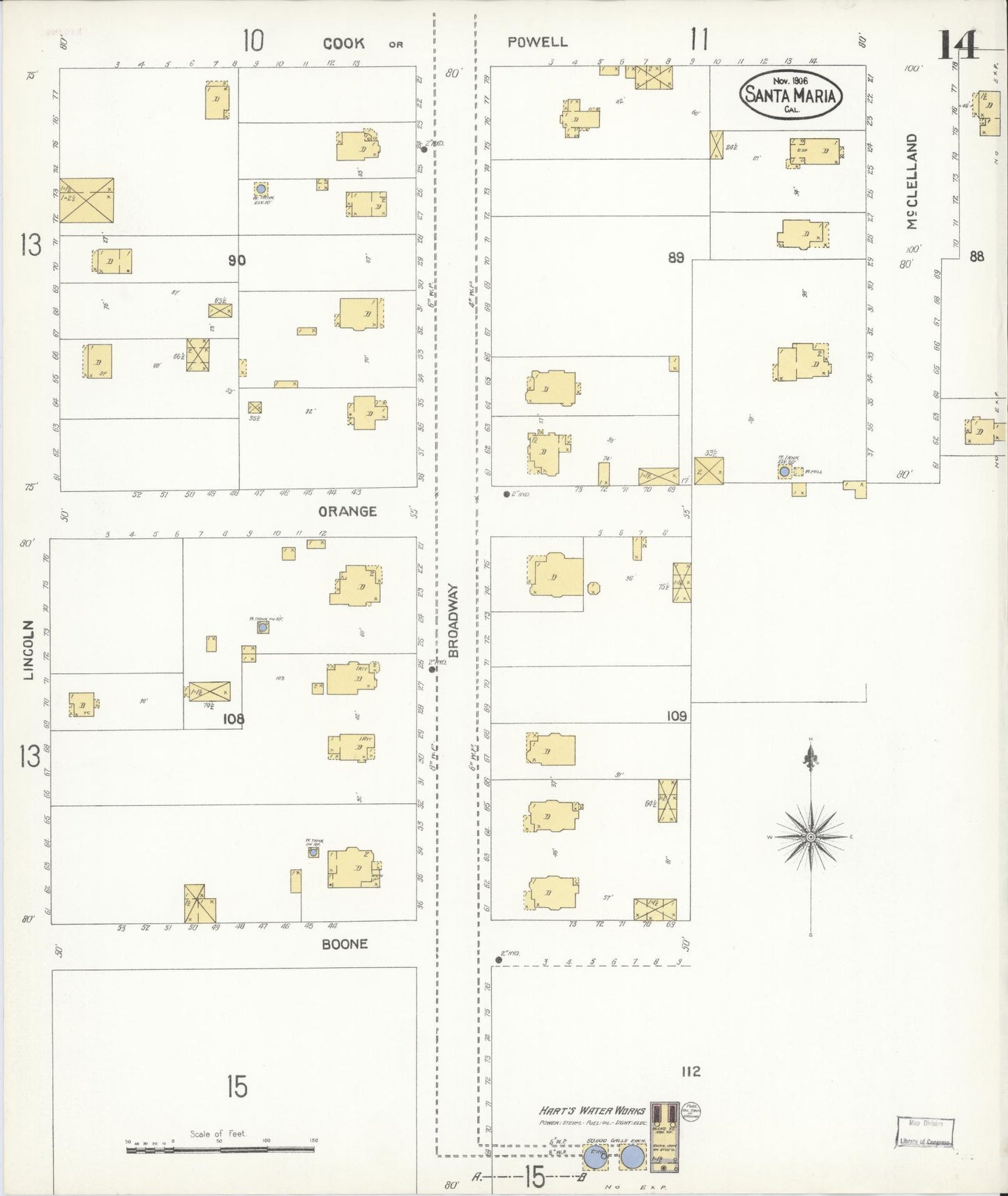 Sanborn Fire Insurance Map from Santa Maria, Santa Barbara County, California (1906), Sheet #0014 - Complete Map Set gallery image, historic Sanborn map, vintage wall art, California California