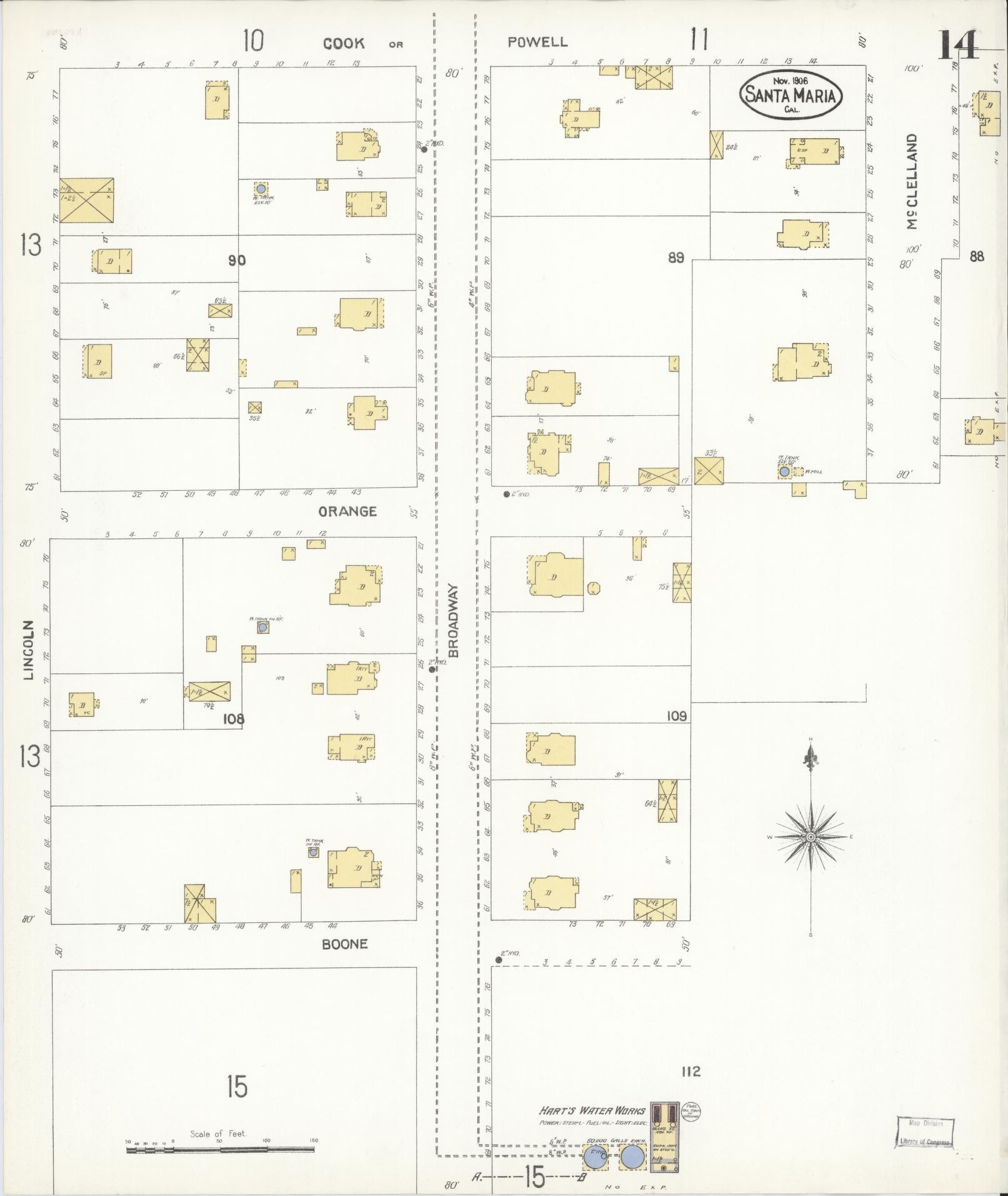 Sanborn Fire Insurance Map from Santa Maria, Santa Barbara County, California (1906), Sheet #0014 - Complete Map Set gallery image, historic Sanborn map, vintage wall art, California California