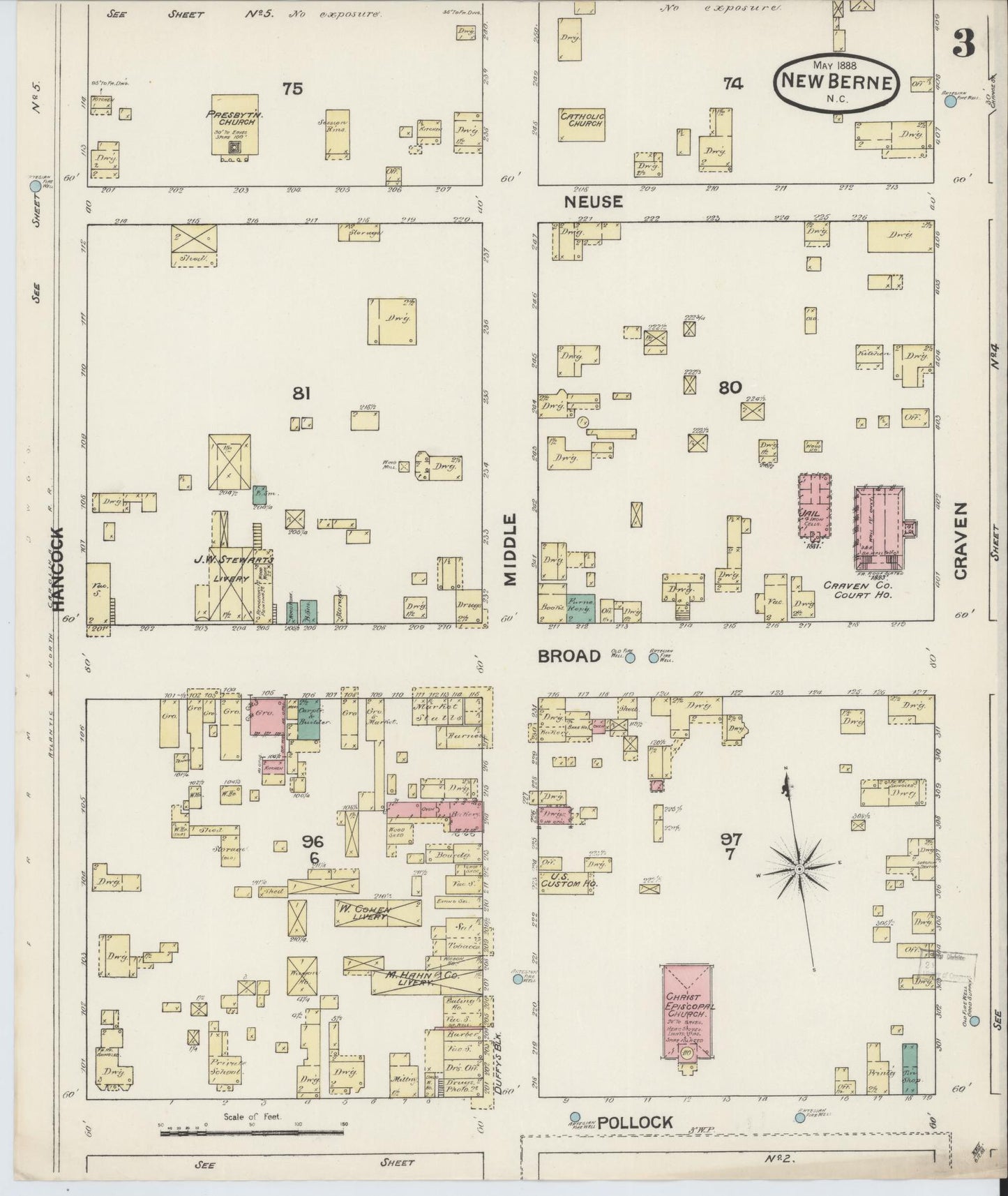 Sanborn Fire Insurance Map from New Bern, Craven County, North Carolina (1888), Sheet #0003 - Complete Map Set gallery image, historic Sanborn map, vintage wall art, North Carolina North Carolina