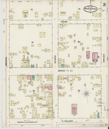 Sanborn Fire Insurance Map from New Bern, Craven County, North Carolina (1888), Sheet #0003 - Complete Map Set gallery image, historic Sanborn map, vintage wall art, North Carolina North Carolina