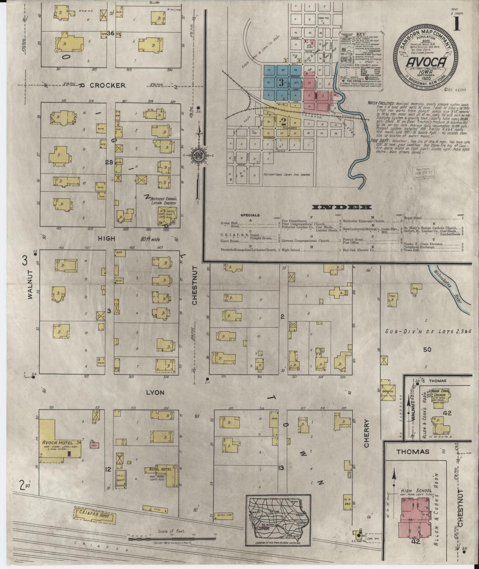 Sanborn Fire Insurance Map from Avoca, Pottawattamie County, Iowa (1920), Sheet #0001 - Historic Sanborn Fire Insurance Map Print, vintage old map wall art