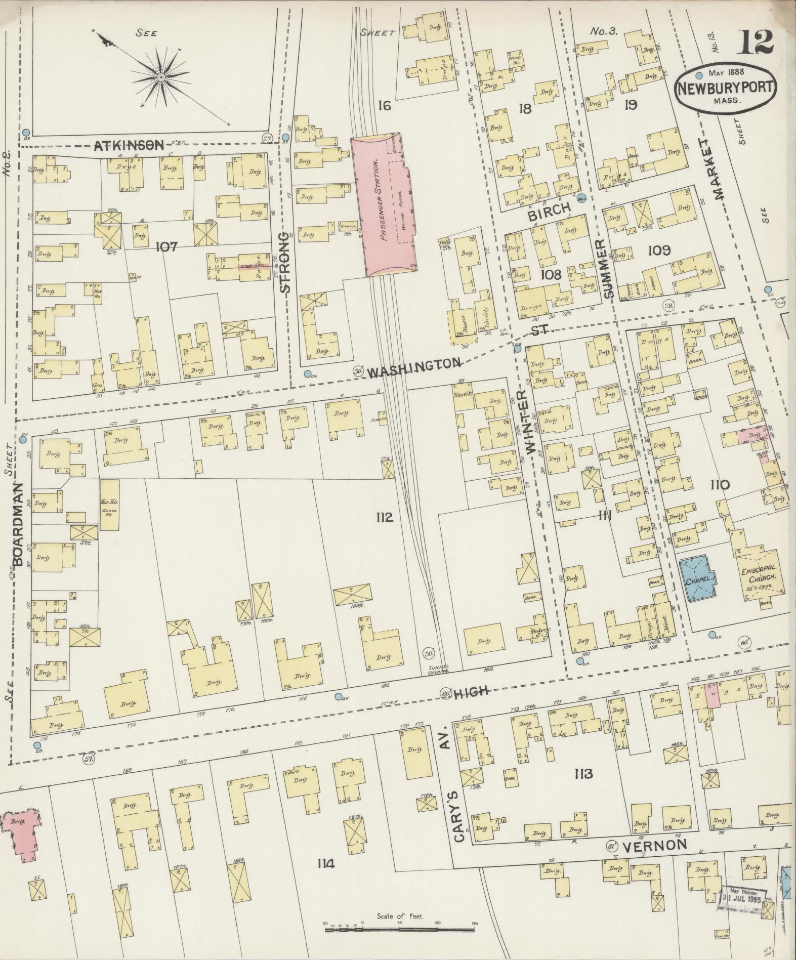 Sanborn Fire Insurance Map from Newburyport, Essex County, Massachusetts (1888), Sheet #0012 - Historic Sanborn Fire Insurance Map Print, vintage old map wall art, antique decor, genealogy gift, Massachusetts Massachusetts map