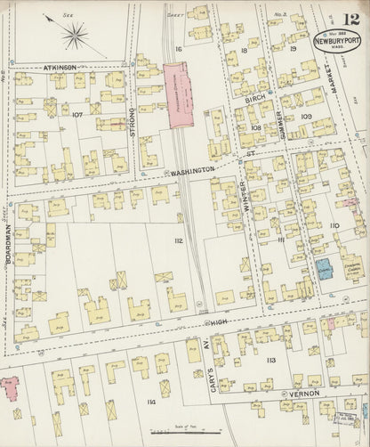Sanborn Fire Insurance Map from Newburyport, Essex County, Massachusetts (1888), Sheet #0012 - Historic Sanborn Fire Insurance Map Print, vintage old map wall art, antique decor, genealogy gift, Massachusetts Massachusetts map