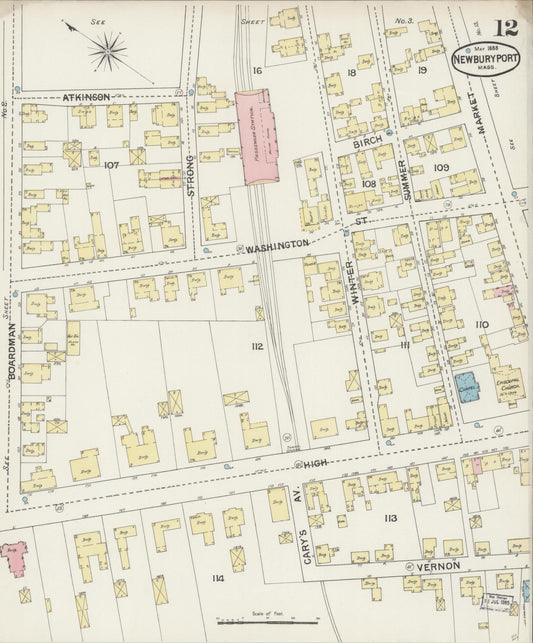 Sanborn Fire Insurance Map from Newburyport, Essex County, Massachusetts (1888), Sheet #0012 - Historic Sanborn Fire Insurance Map Print, vintage old map wall art, antique decor, genealogy gift, Massachusetts Massachusetts map