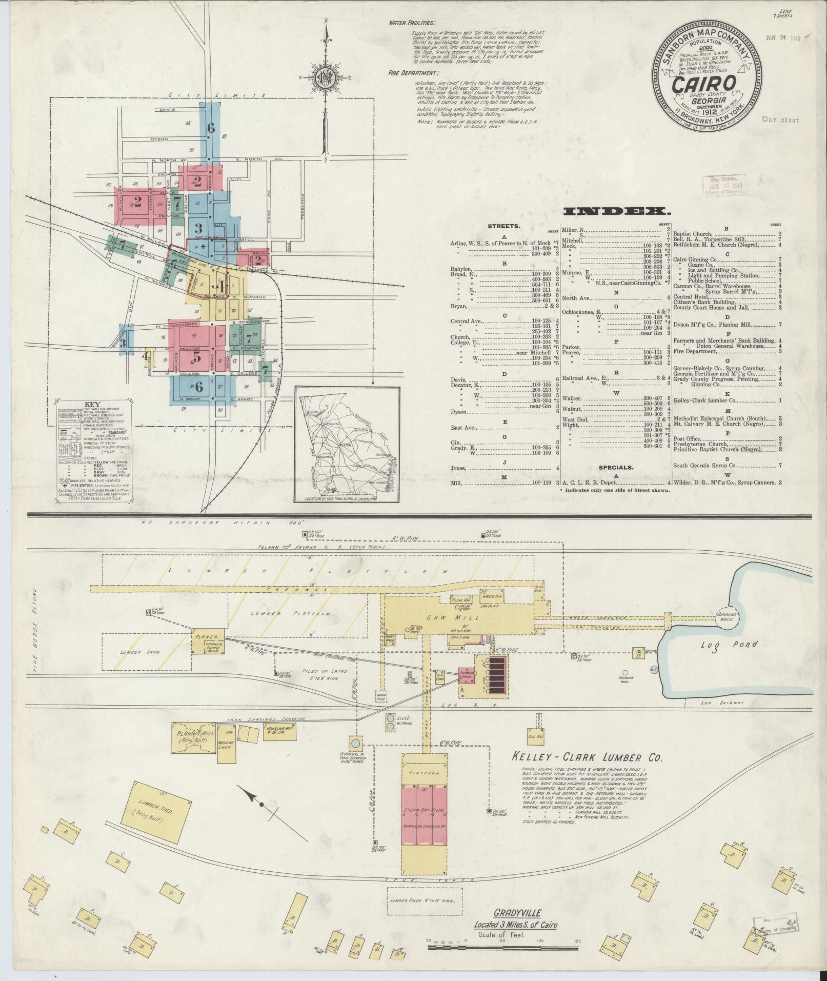 Sanborn Fire Insurance Map from Cairo, Grady County, Georgia (1912), Sheet #0001 - Complete Map Set gallery image, historic Sanborn map, vintage wall art, Georgia Georgia