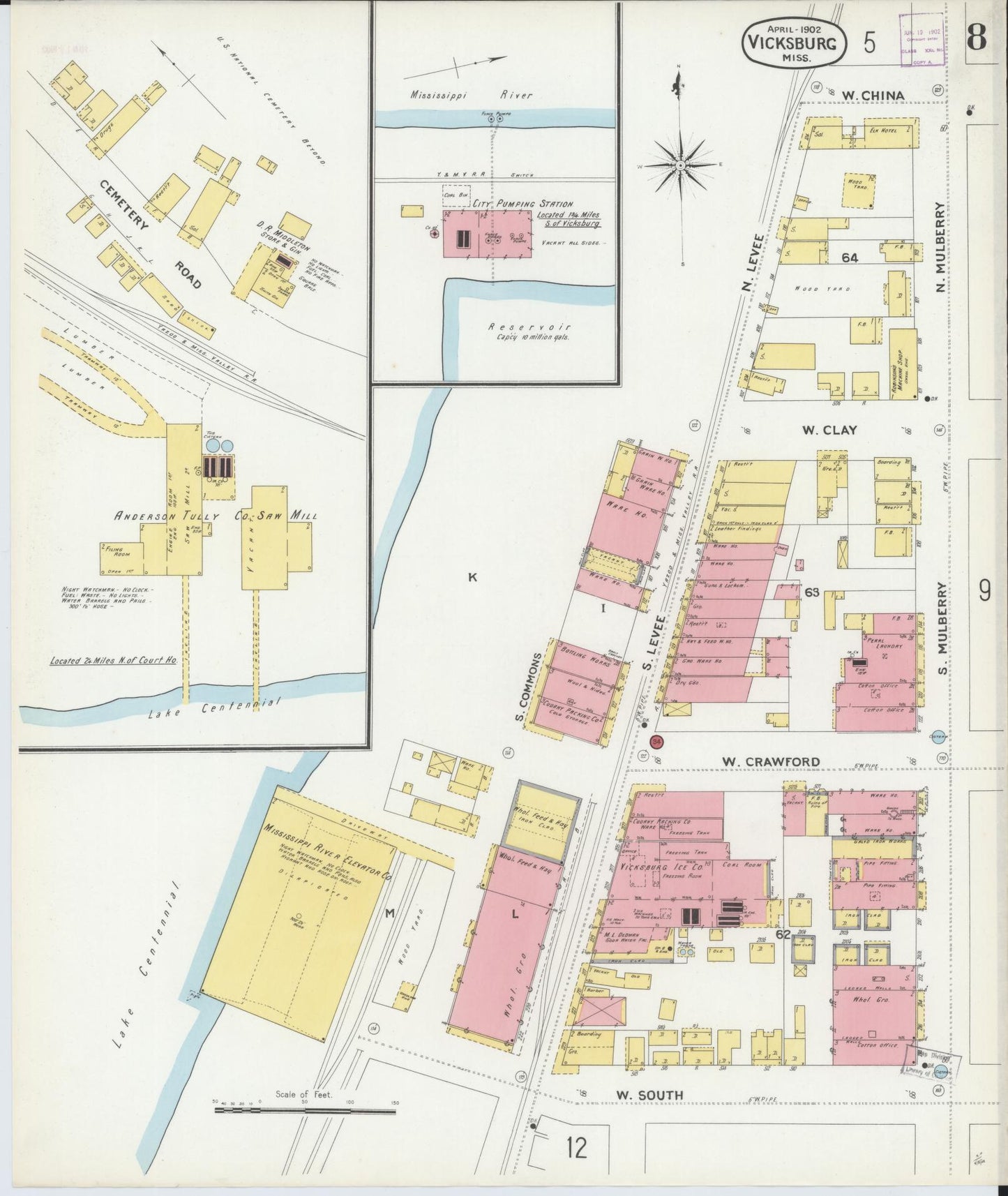 Sanborn Fire Insurance Map from Vicksburg, Warren County, Mississippi (1902), Sheet #0008 - Historic Sanborn Fire Insurance Map Print, vintage old map wall art, antique decor, genealogy gift, Mississippi Mississippi map