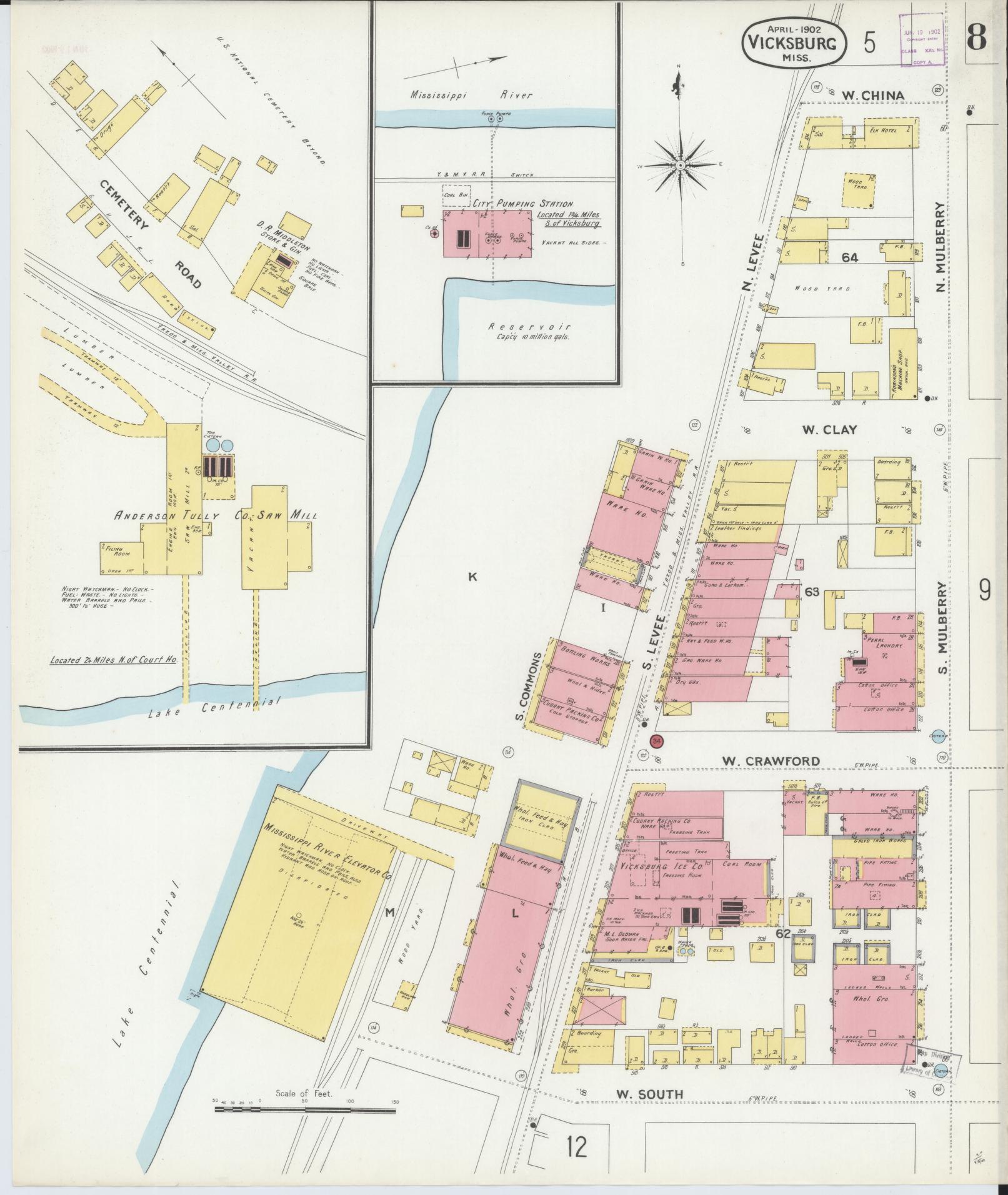 Sanborn Fire Insurance Map from Vicksburg, Warren County, Mississippi (1902), Sheet #0008 - Historic Sanborn Fire Insurance Map Print, vintage old map wall art, antique decor, genealogy gift, Mississippi Mississippi map