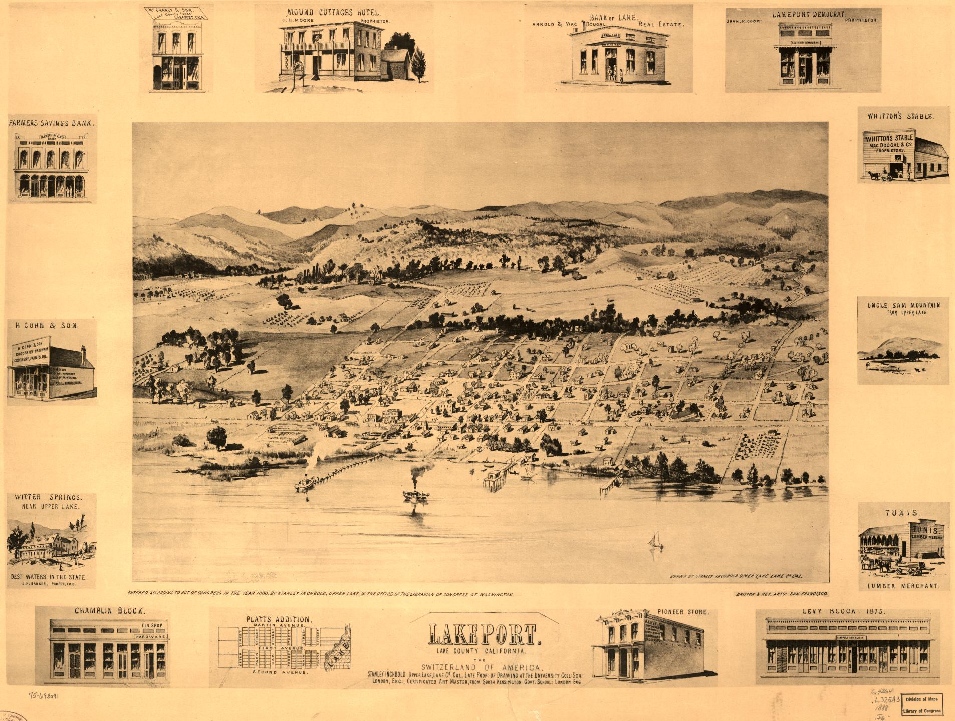Lakeport, Lake County, California, (1888) – Historic Bird’s-Eye View Panorama Print